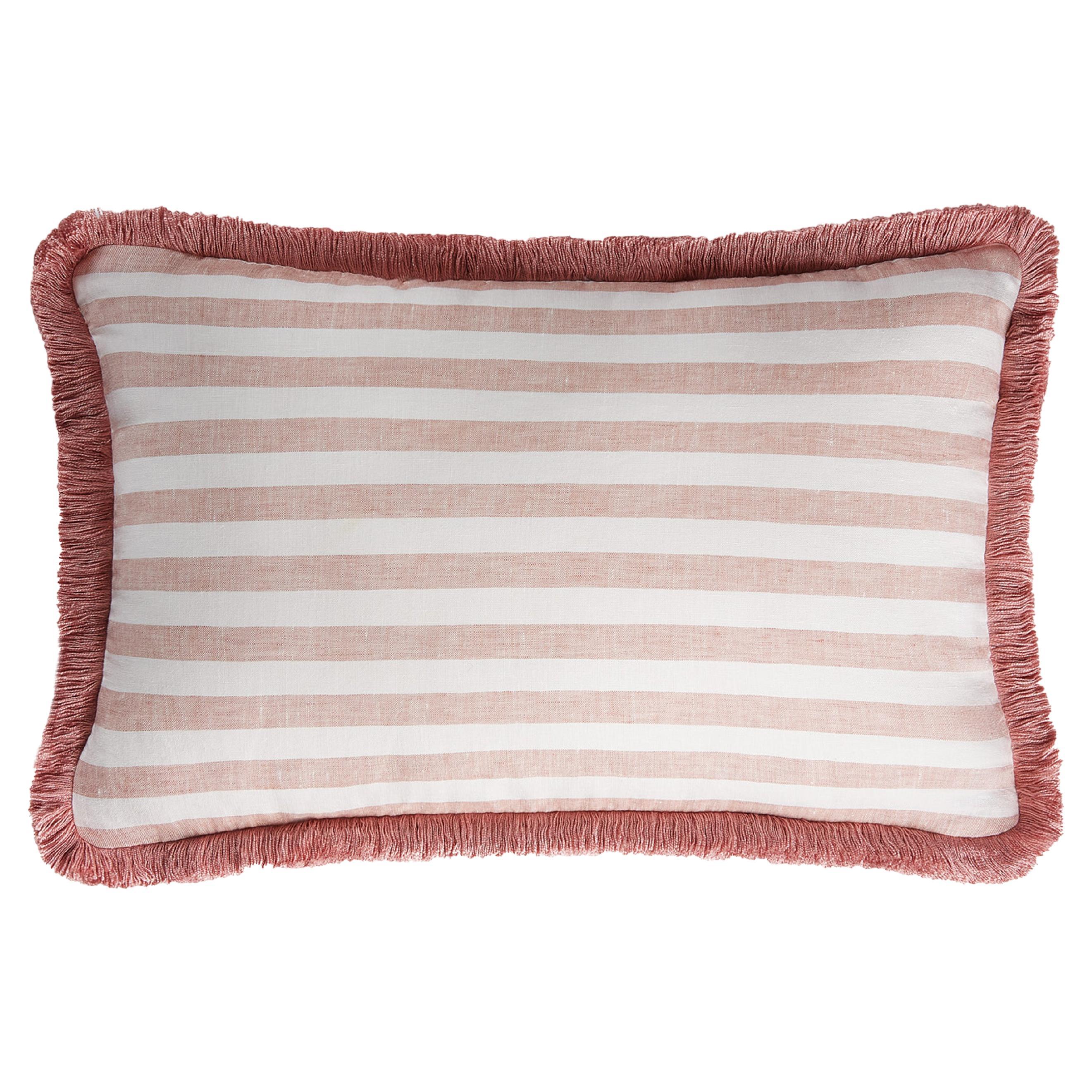 Happy Linen Pillow Striped White Light Pink with Light Pink Fringes For Sale
