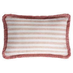 Happy Linen Pillow Striped White Light Pink with Light Pink Fringes