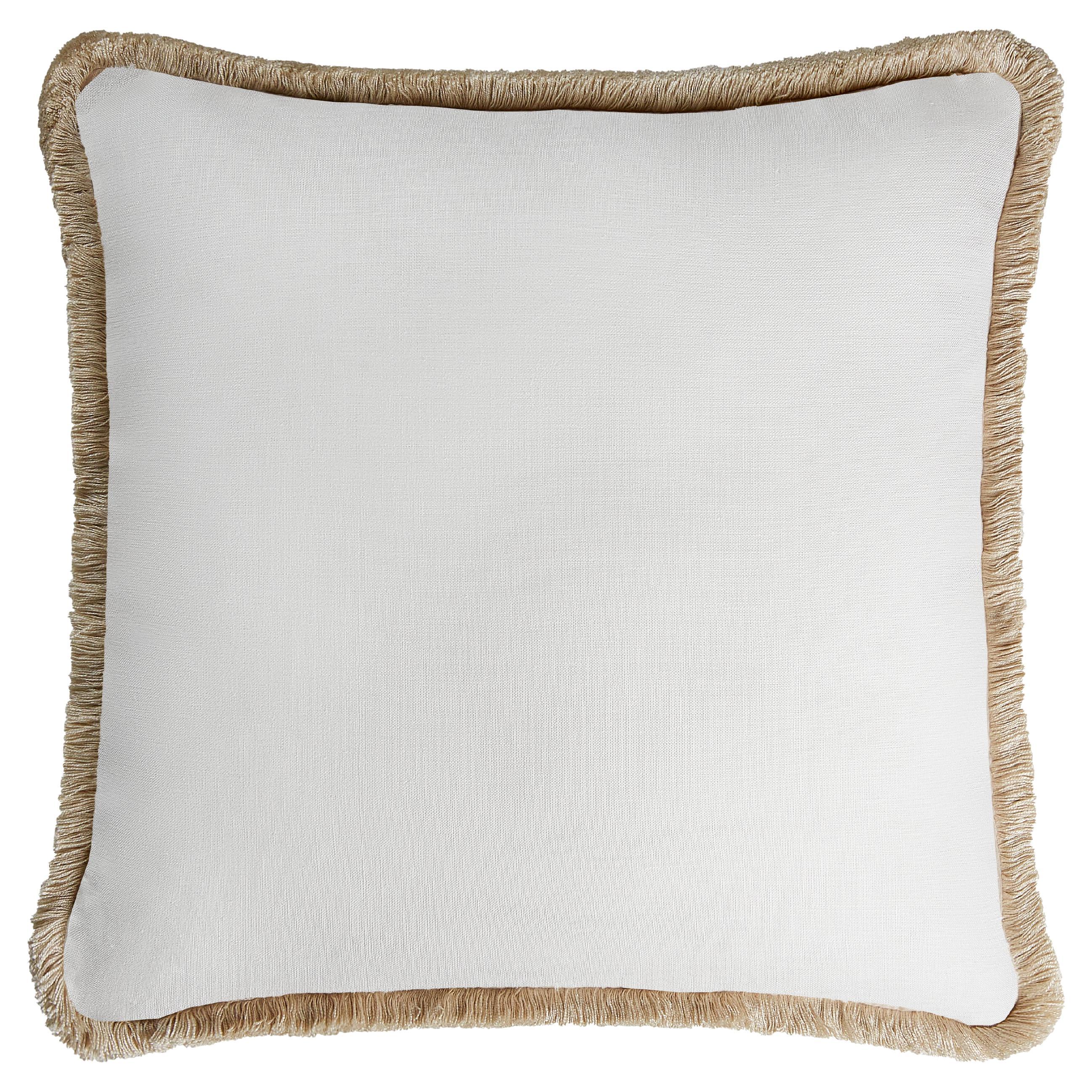 Happy Linen Pillow White with Beige Fringes For Sale