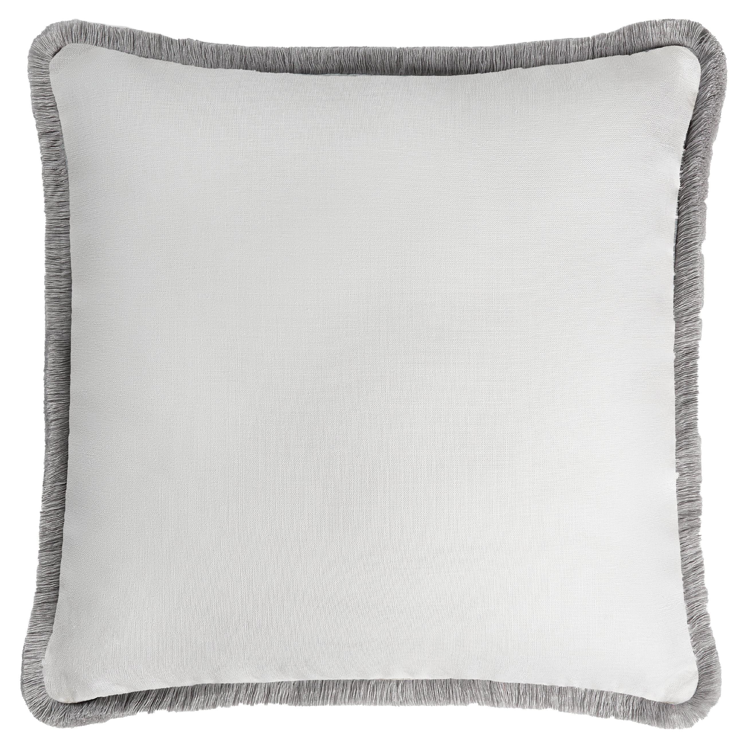 Happy Linen Pillow White with Gray Fringes For Sale
