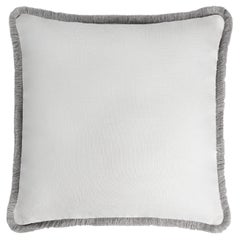 Coussin en lin blanc avec franges grises Happy