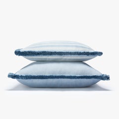 Happy Linen Pillow White with Light Blue Fringes