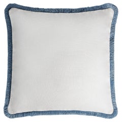 Happy Linen Pillow White with Light Blue Fringes