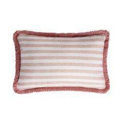 Coussin en lin blanc avec franges rose clair Happy