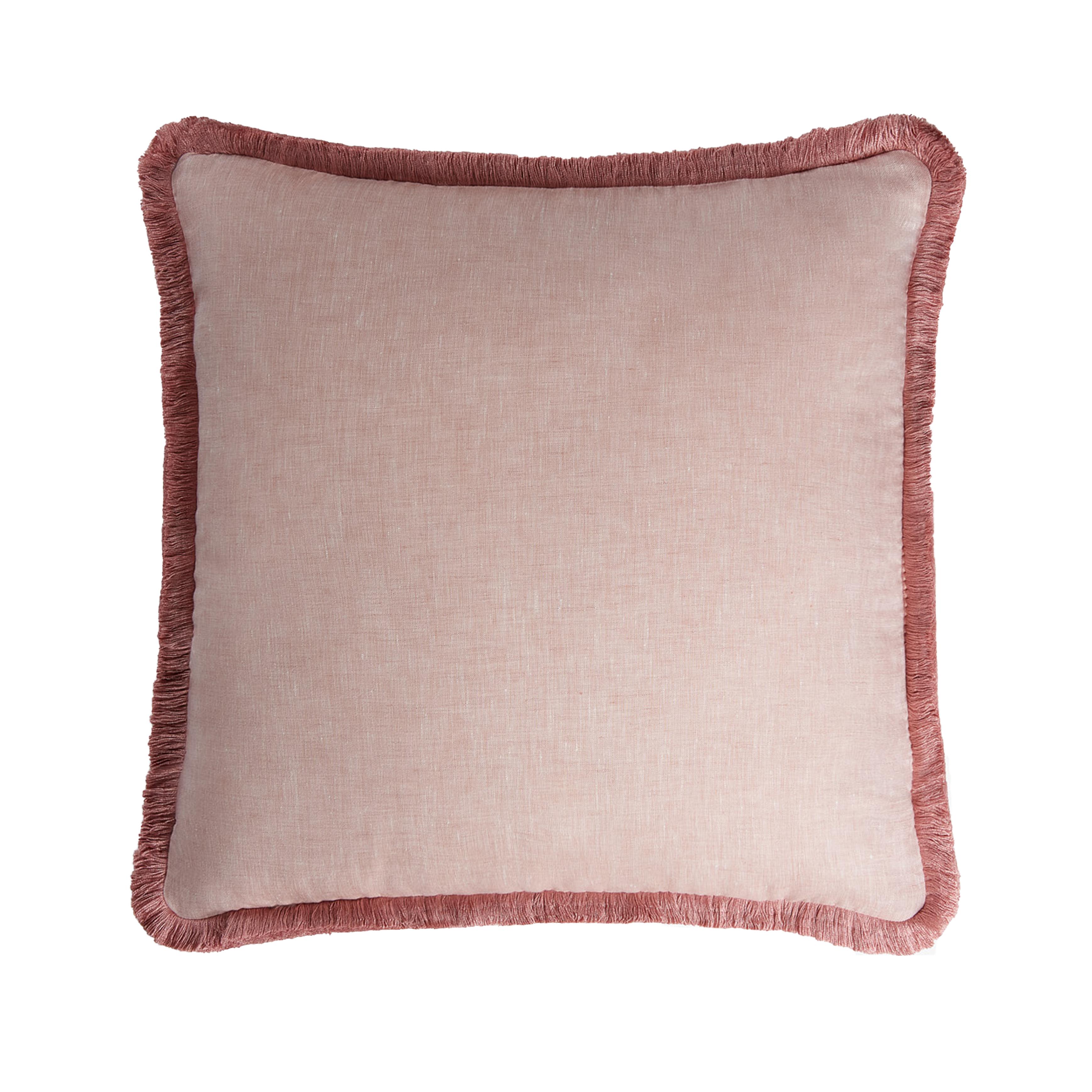 Happy Linen Pillow Weiß mit hellrosa Fransen (Moderne) im Angebot