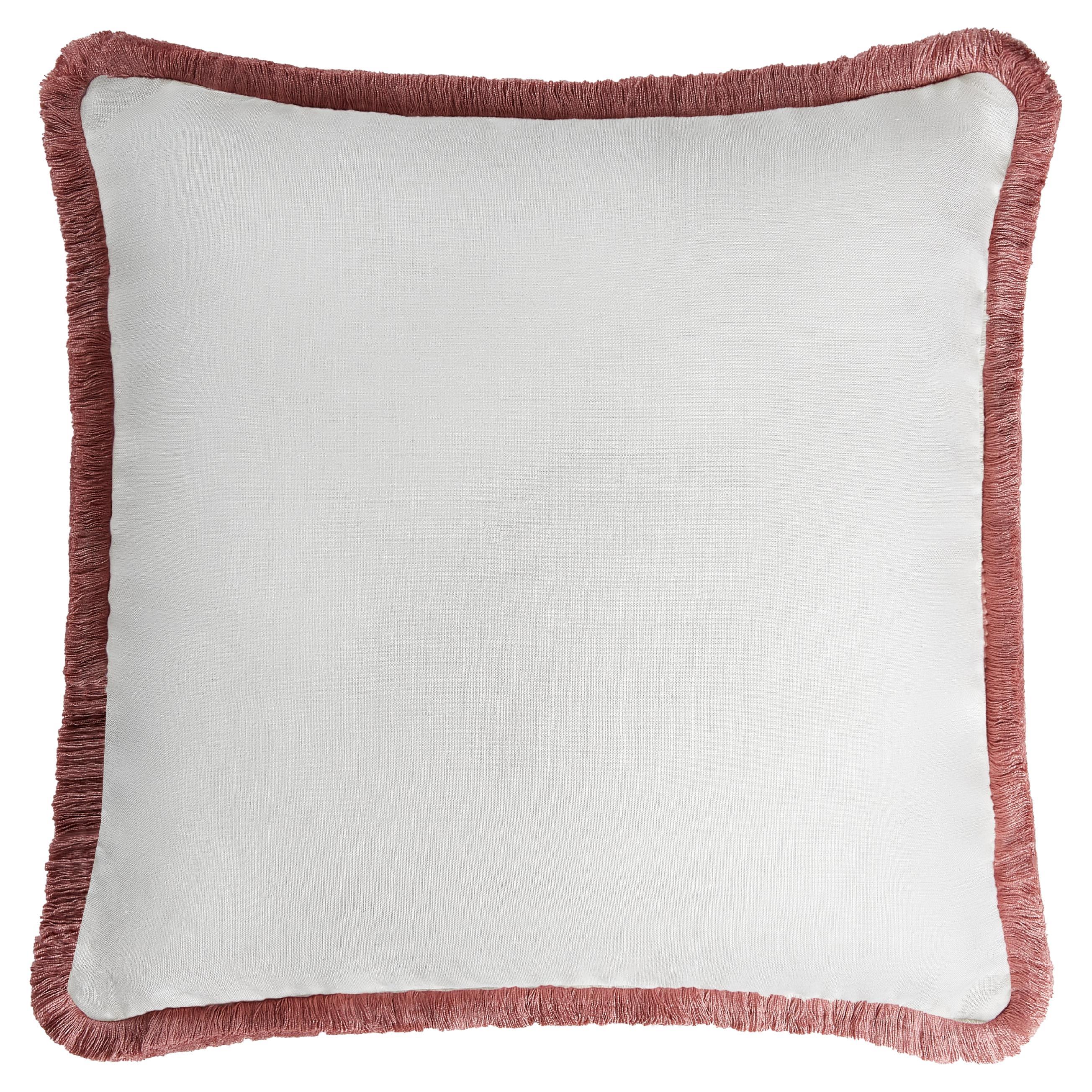 Happy Linen Pillow White with Light Pink Fringes For Sale