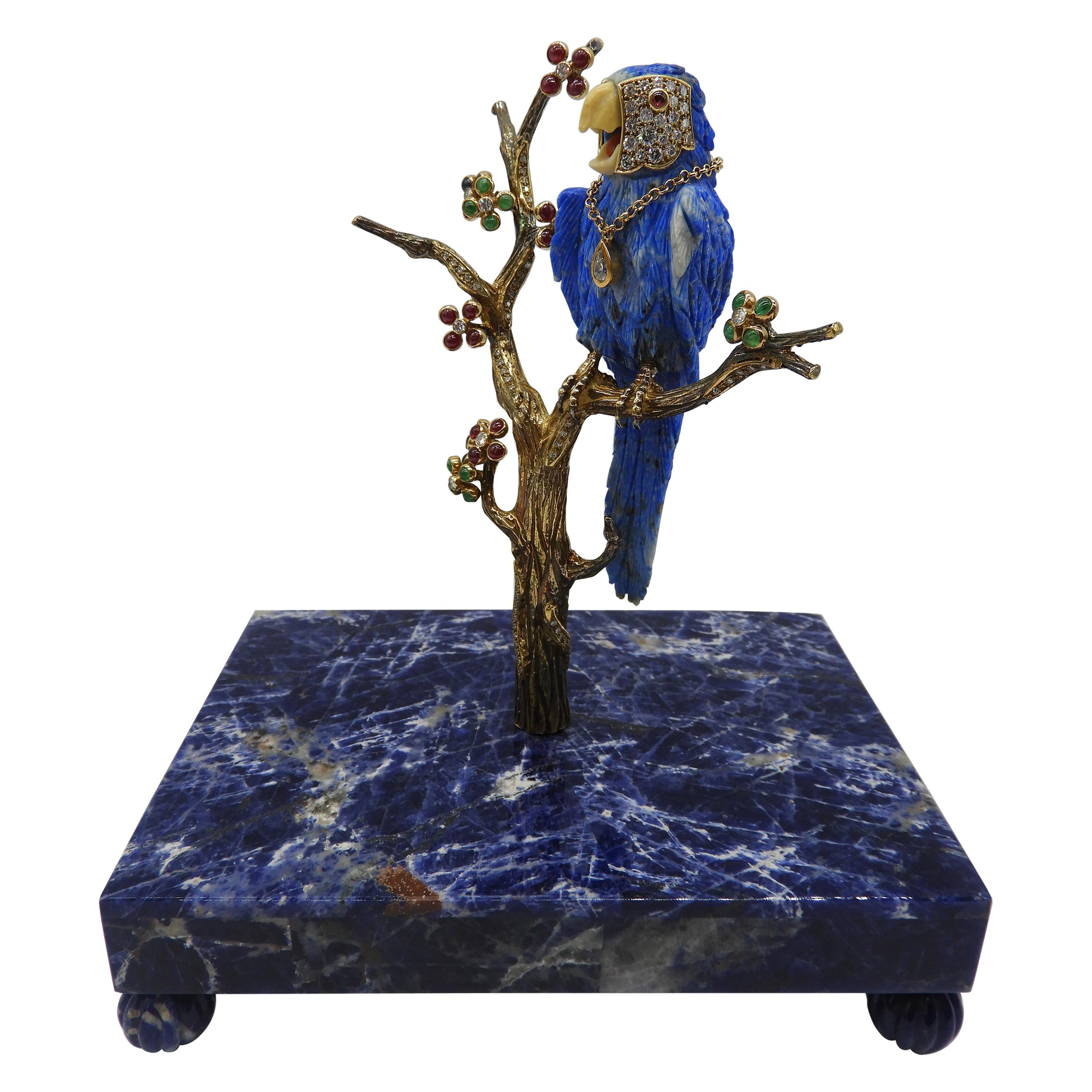 Happy Macaw 18 Karat Gold, Diamonds and Lapis Lazuli Figurine Sculpture