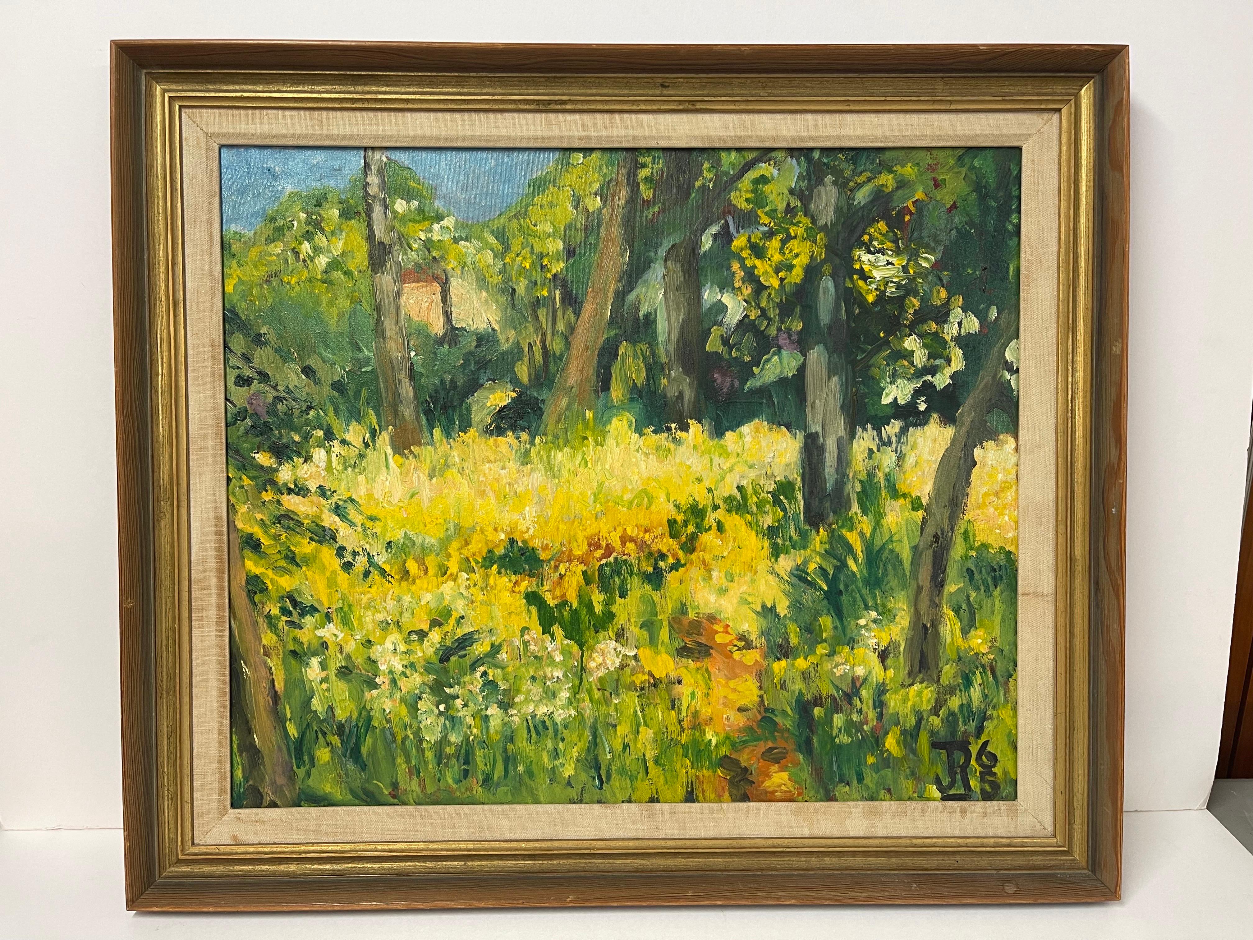 Happy Mid Century Impasto Painting of a Field. Lovely composition of yellow flowers. Solid wooden frame with linen matting.