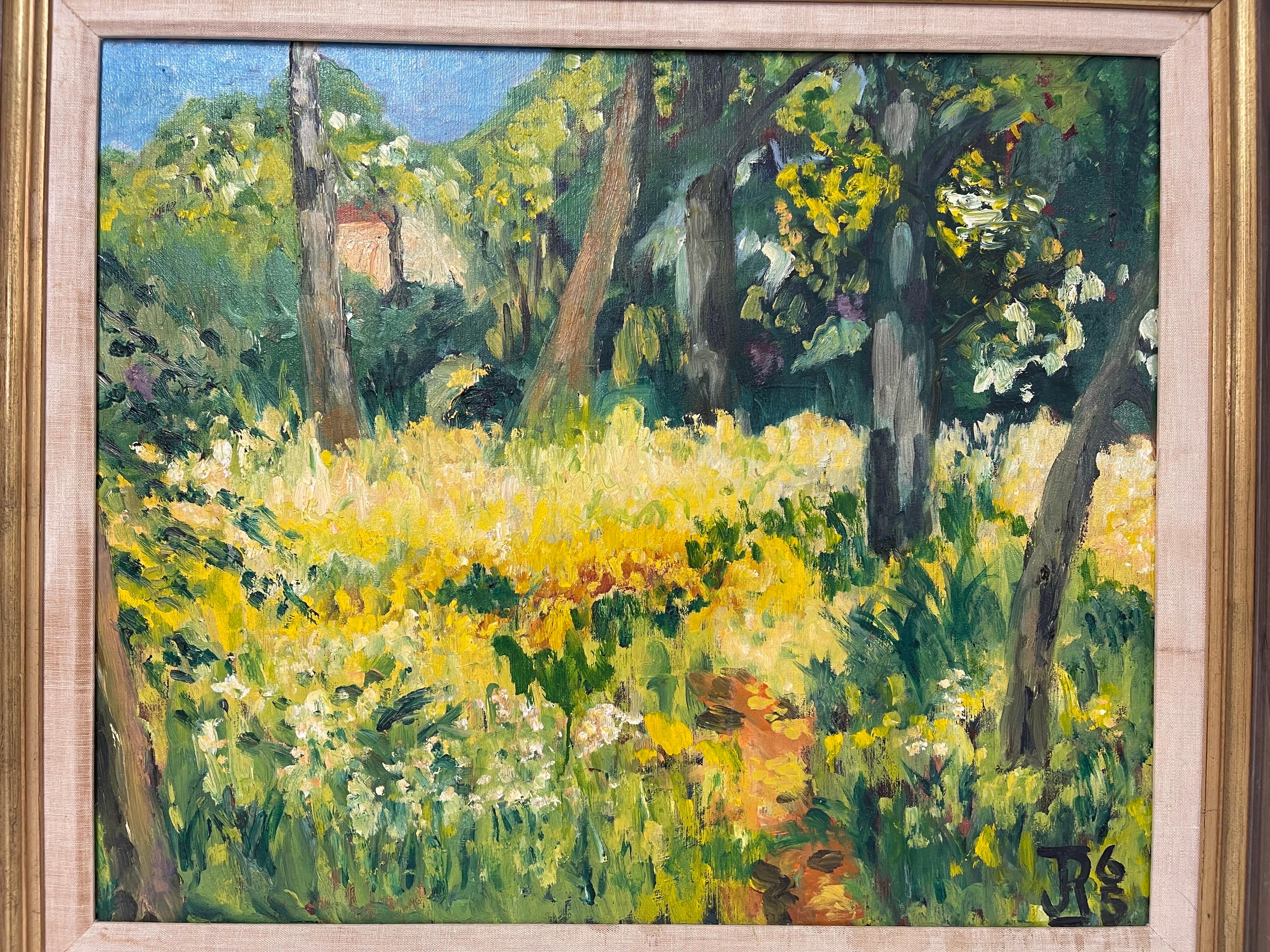 Wood Happy Mid Century Impasto Painting of a Field For Sale