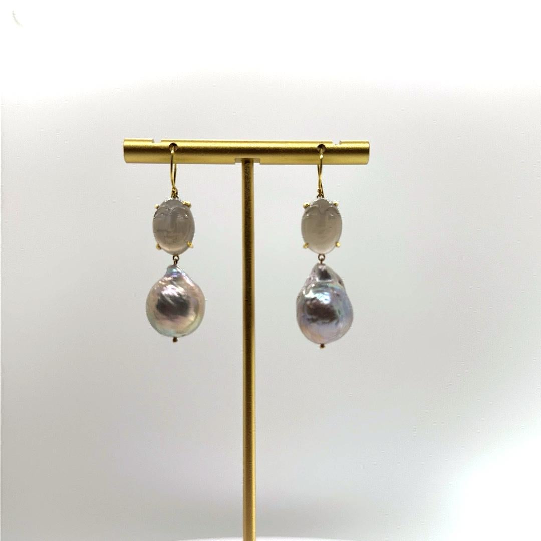 Artisan Happy Moonstone and Baroque Pearl Drop Earring For Sale