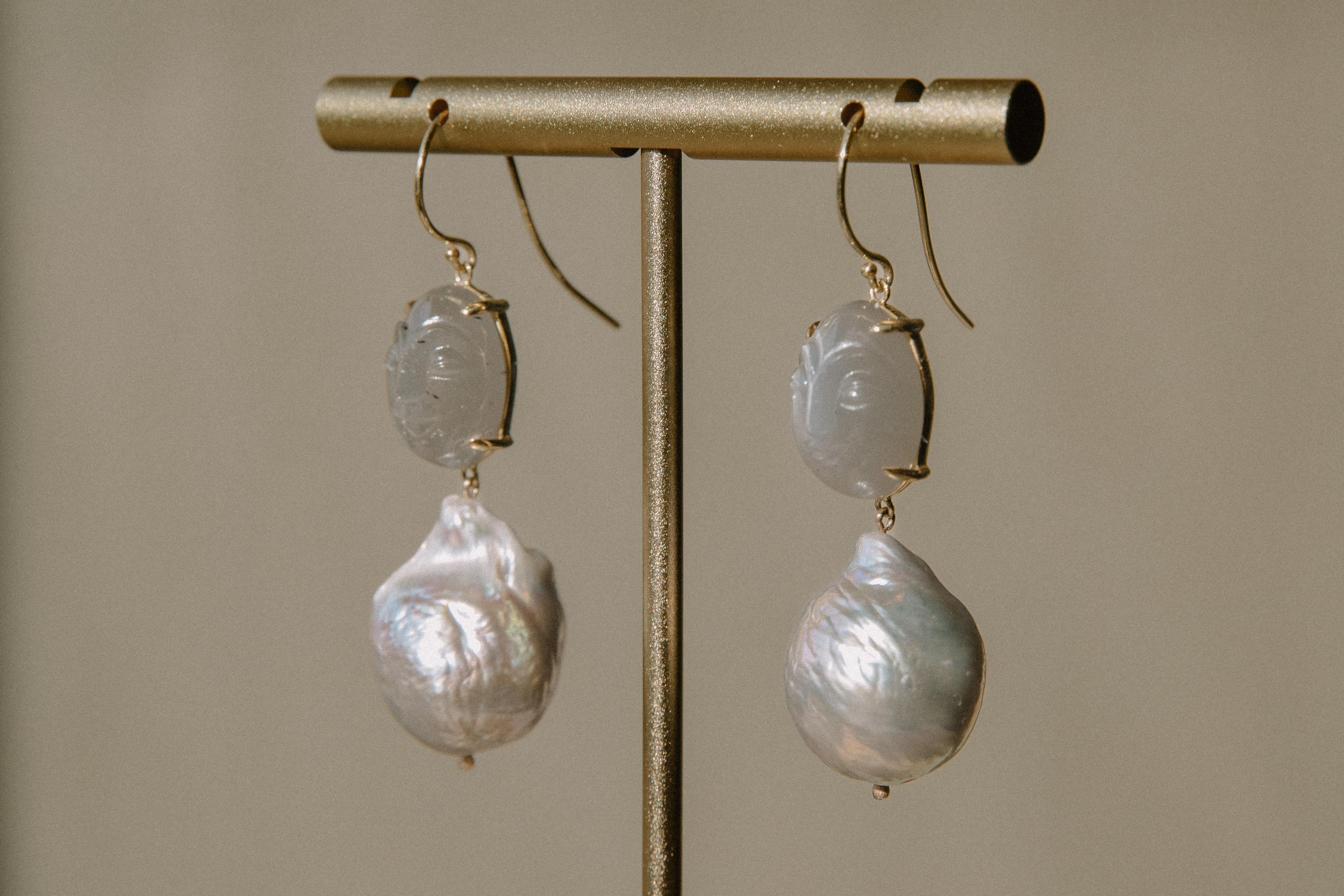 Oval Cut Happy Moonstone and Baroque Pearl Drop Earring For Sale