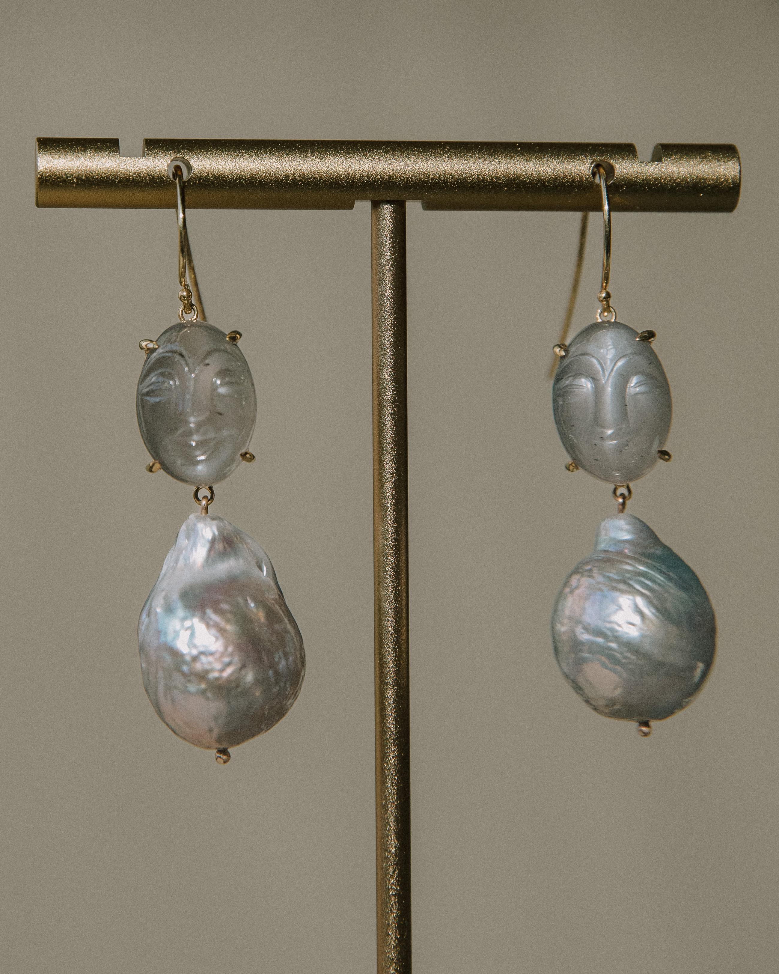 Women's or Men's Happy Moonstone and Baroque Pearl Drop Earring For Sale