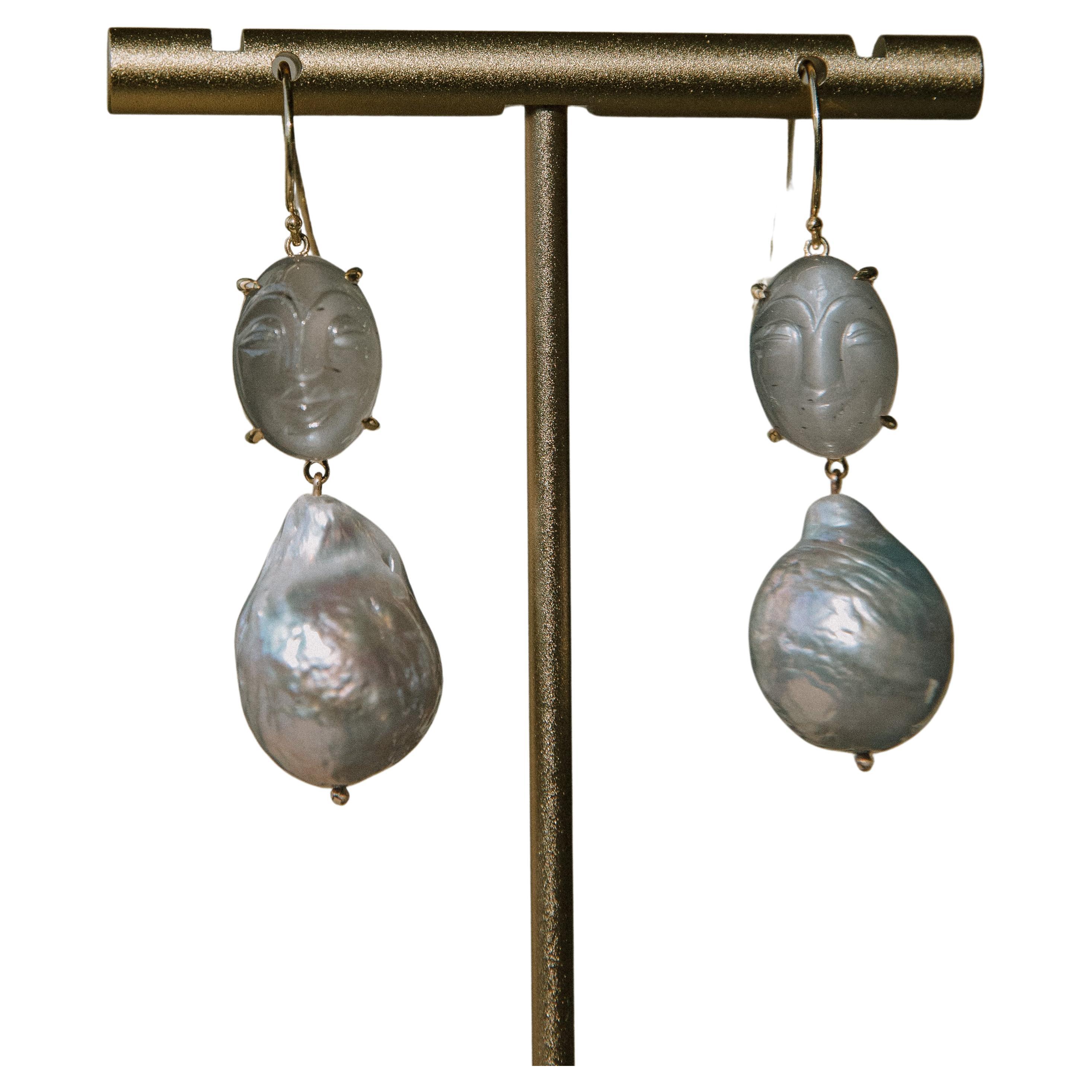 Happy Moonstone and Baroque Pearl Drop Earring For Sale