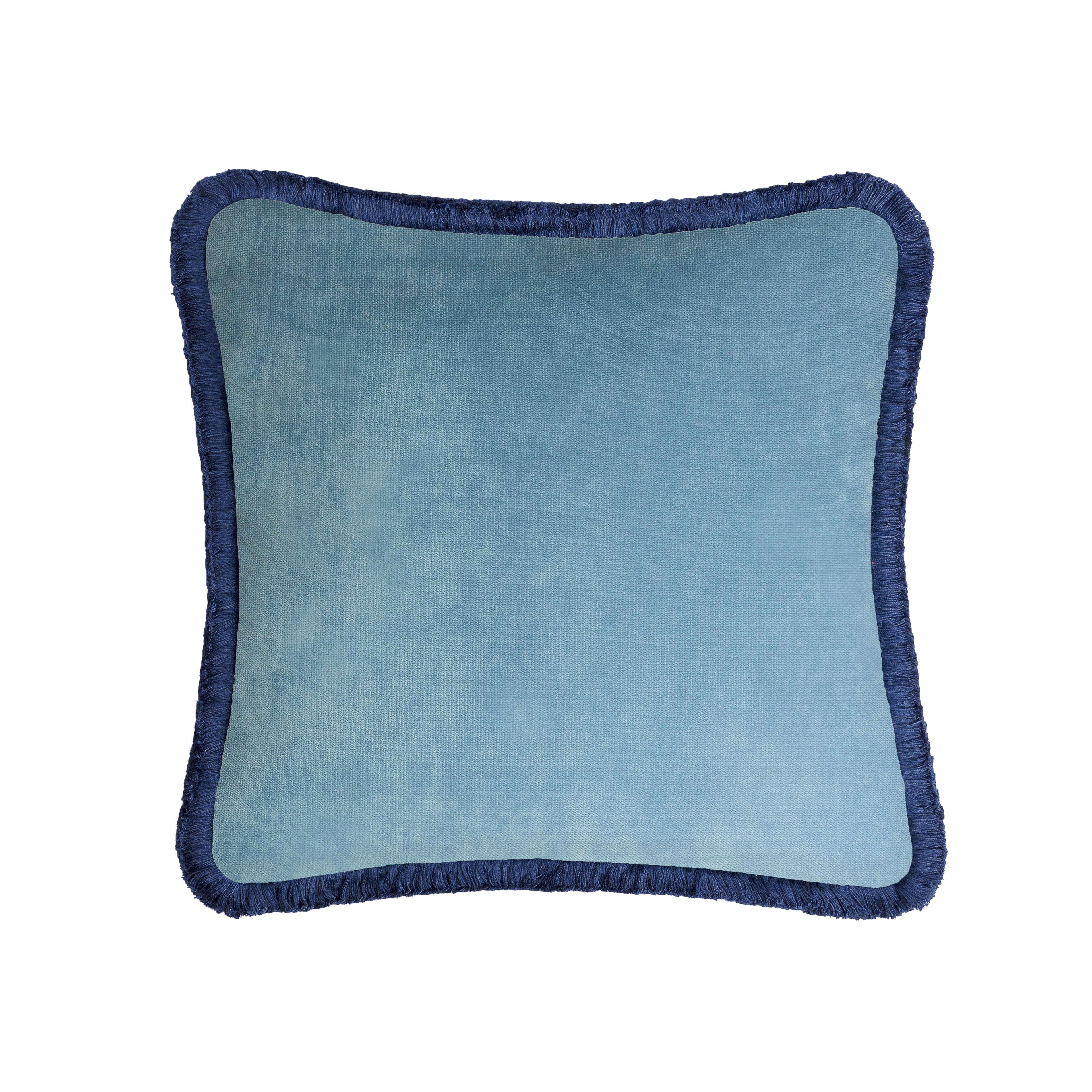 Hand-Crafted HAPPY PILLOW 40 Velvet Blue with Green Fringes For Sale
