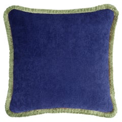 Happy Pillow 40 en velours bleu avec franges vertes