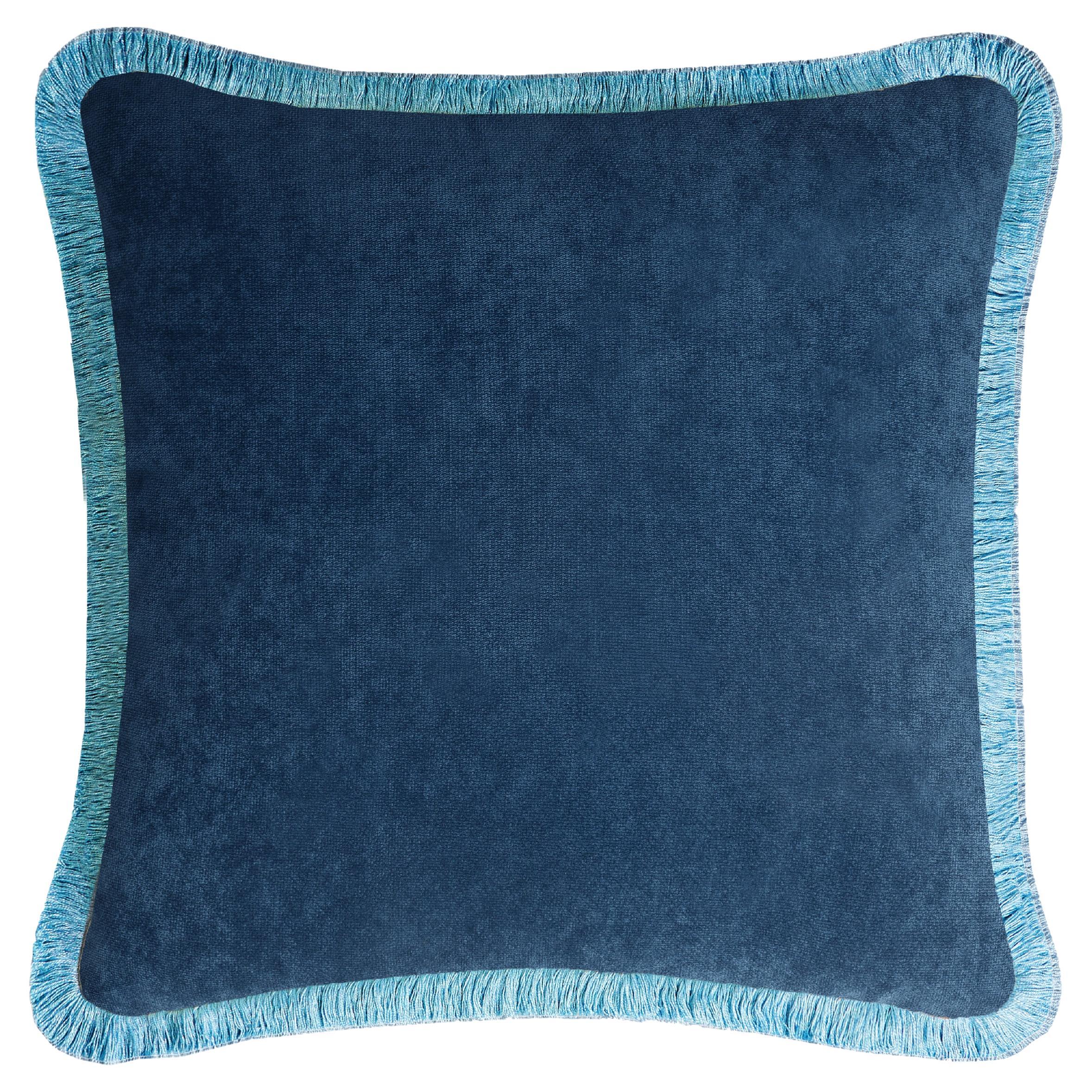 Happy Pillow 40 en velours bleu avec franges bleu clair en vente