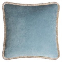 HAPPY PILLOW 40 Velluto azzurro con frange beige