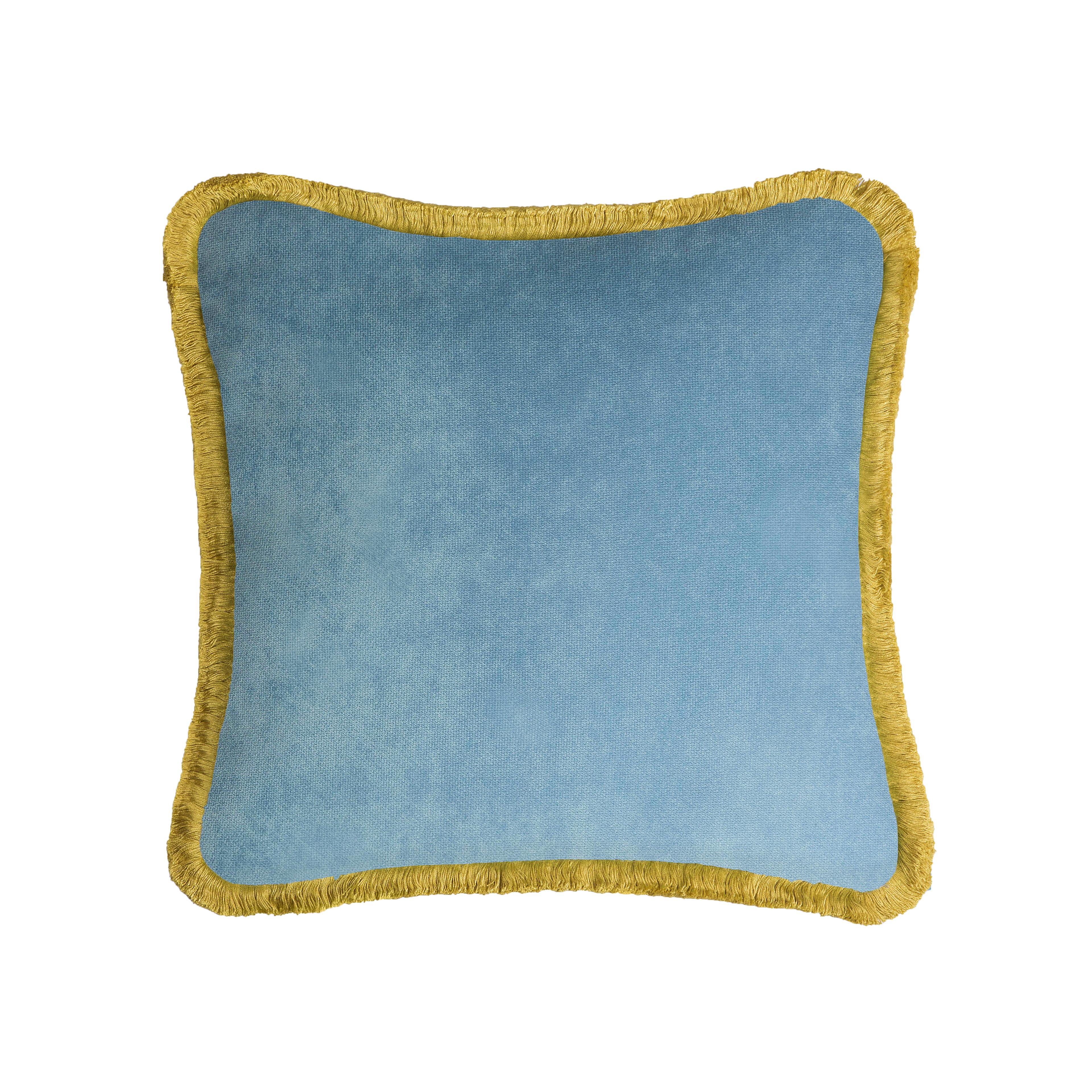 Hand-Crafted HAPPY PILLOW 40 Velvet Light Blue with Blue  Fringes For Sale