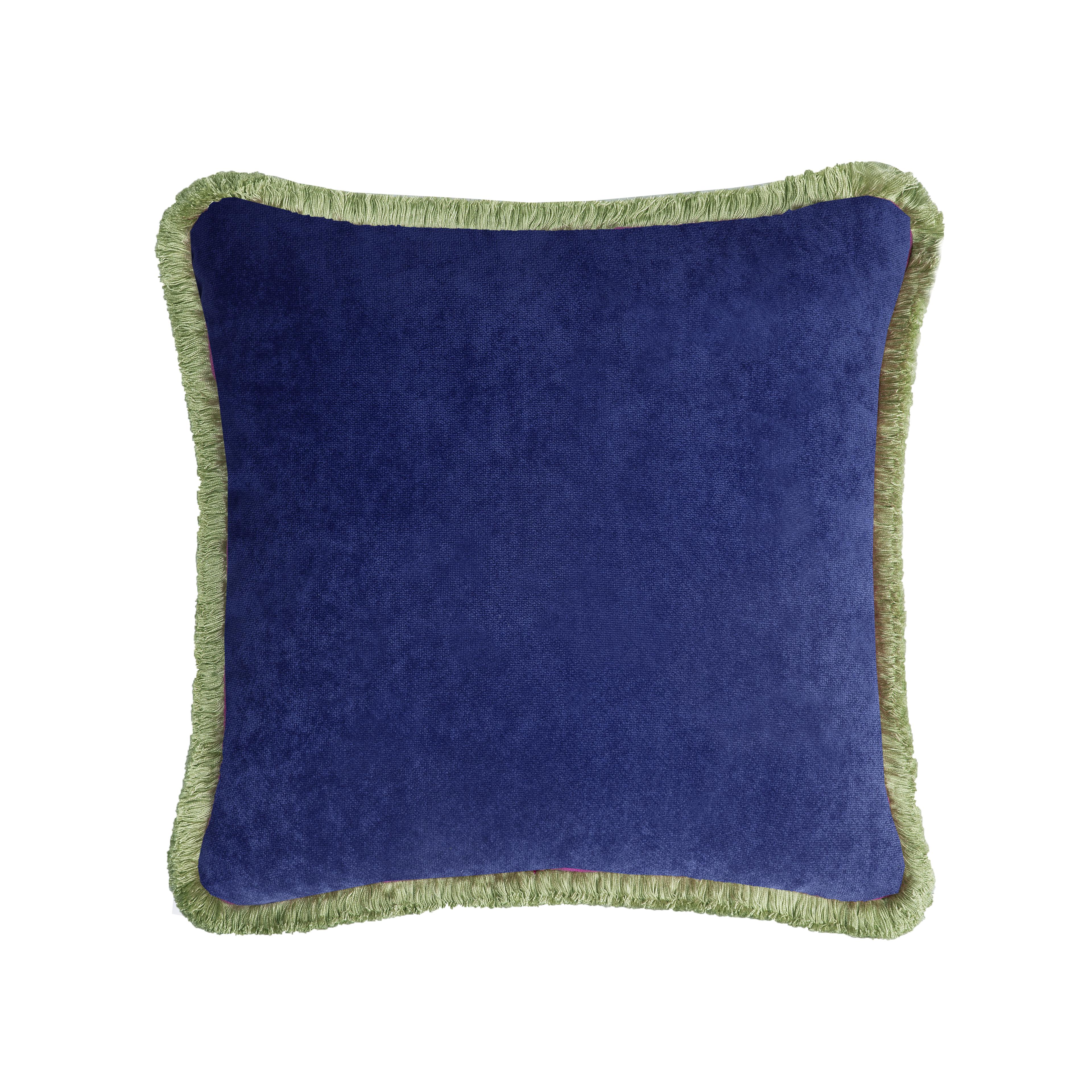 Hand-Crafted HAPPY PILLOW 40 Velvet Lime with Blue Fringes For Sale