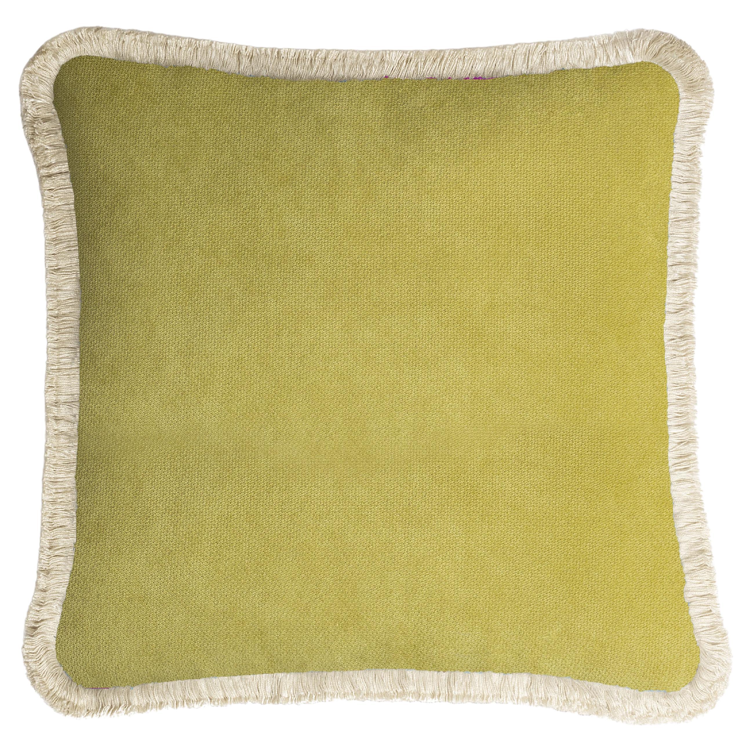 HAPPY PILLOW 40 Velvet Lime with Cream Fringes For Sale