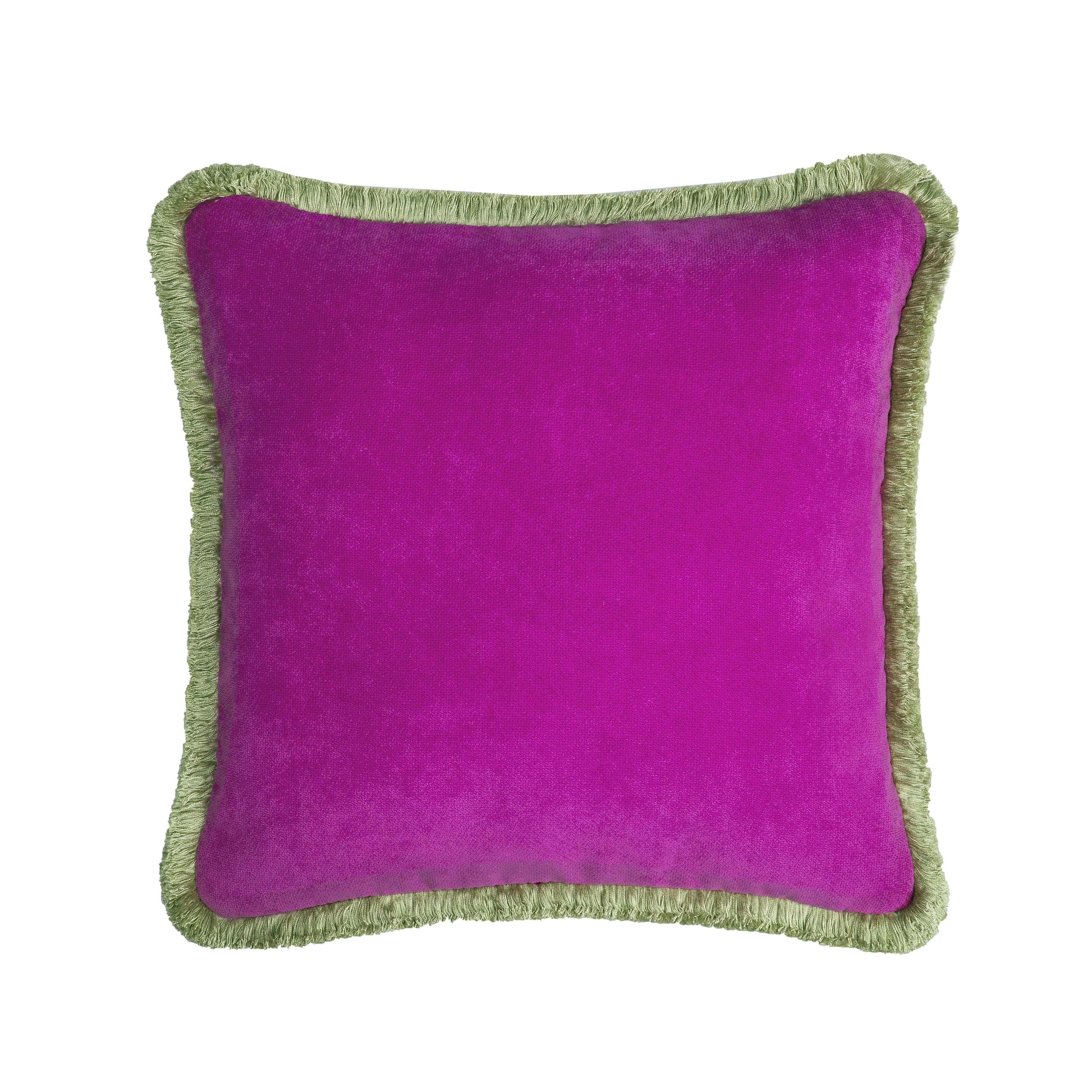 Moderno HAPPY PILLOW 40 Velluto  Lime con frange blu chiaro in vendita