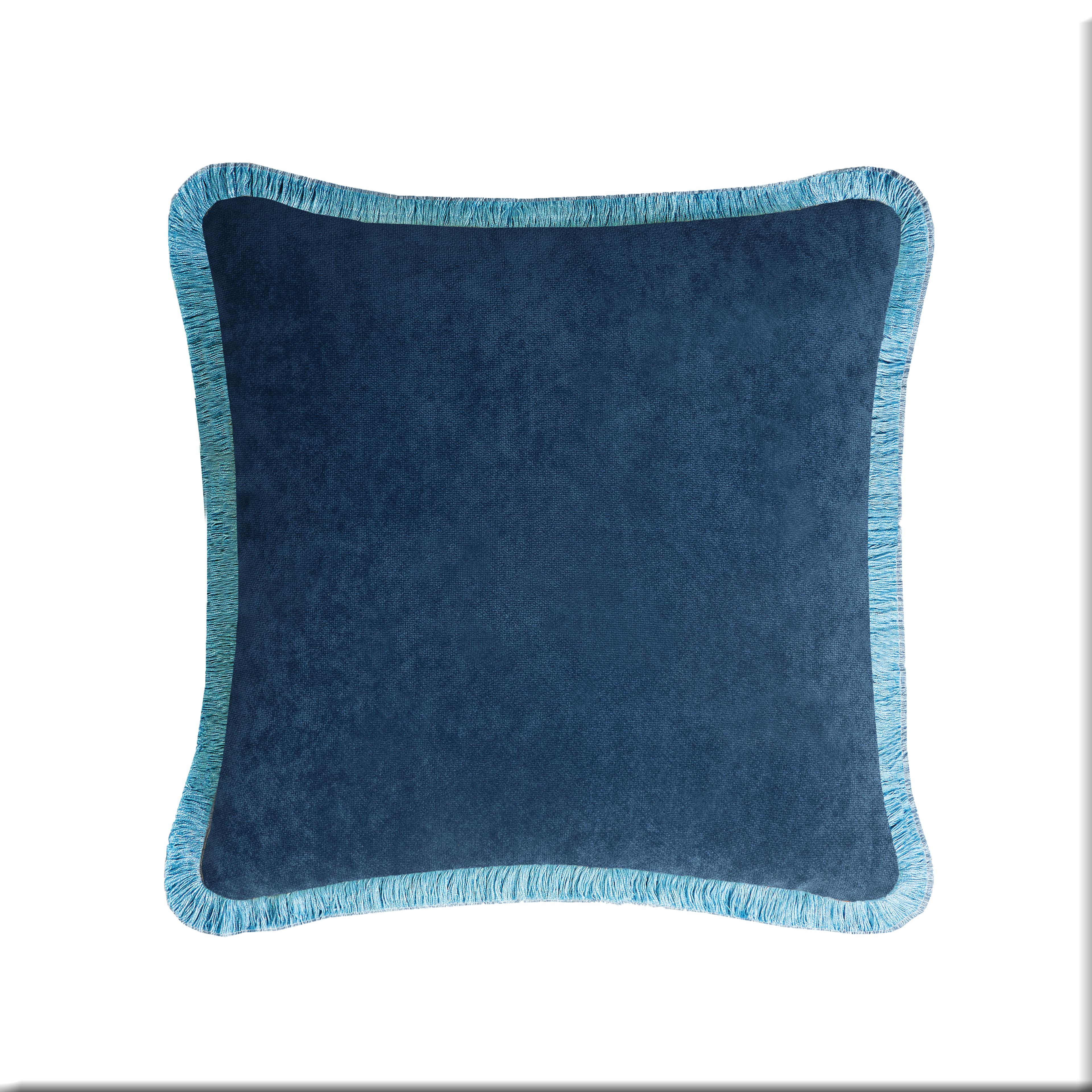Italiano HAPPY PILLOW 40 Velluto  Lime con frange blu chiaro in vendita