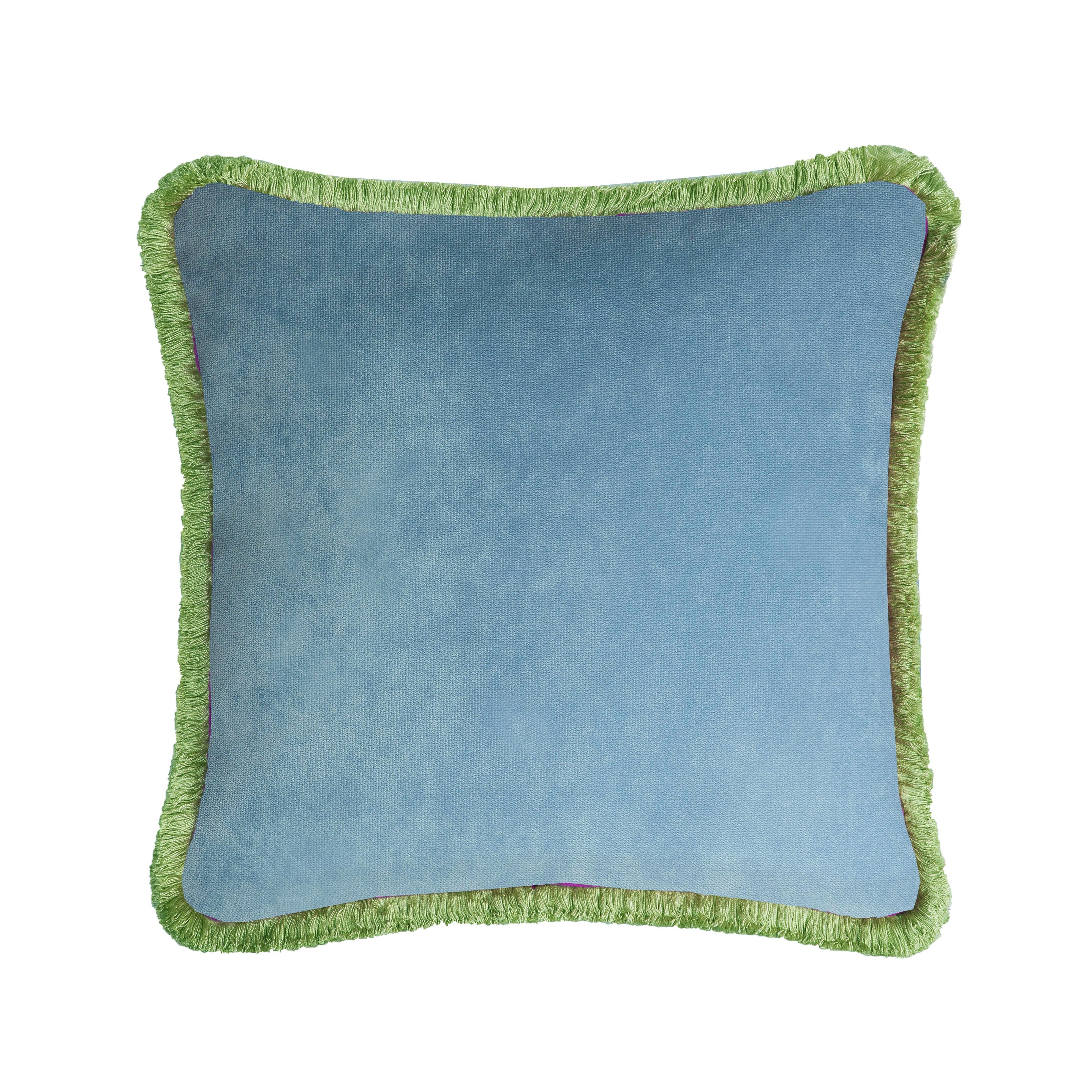 Fatto a mano HAPPY PILLOW 40 Velluto  Lime con frange blu chiaro in vendita