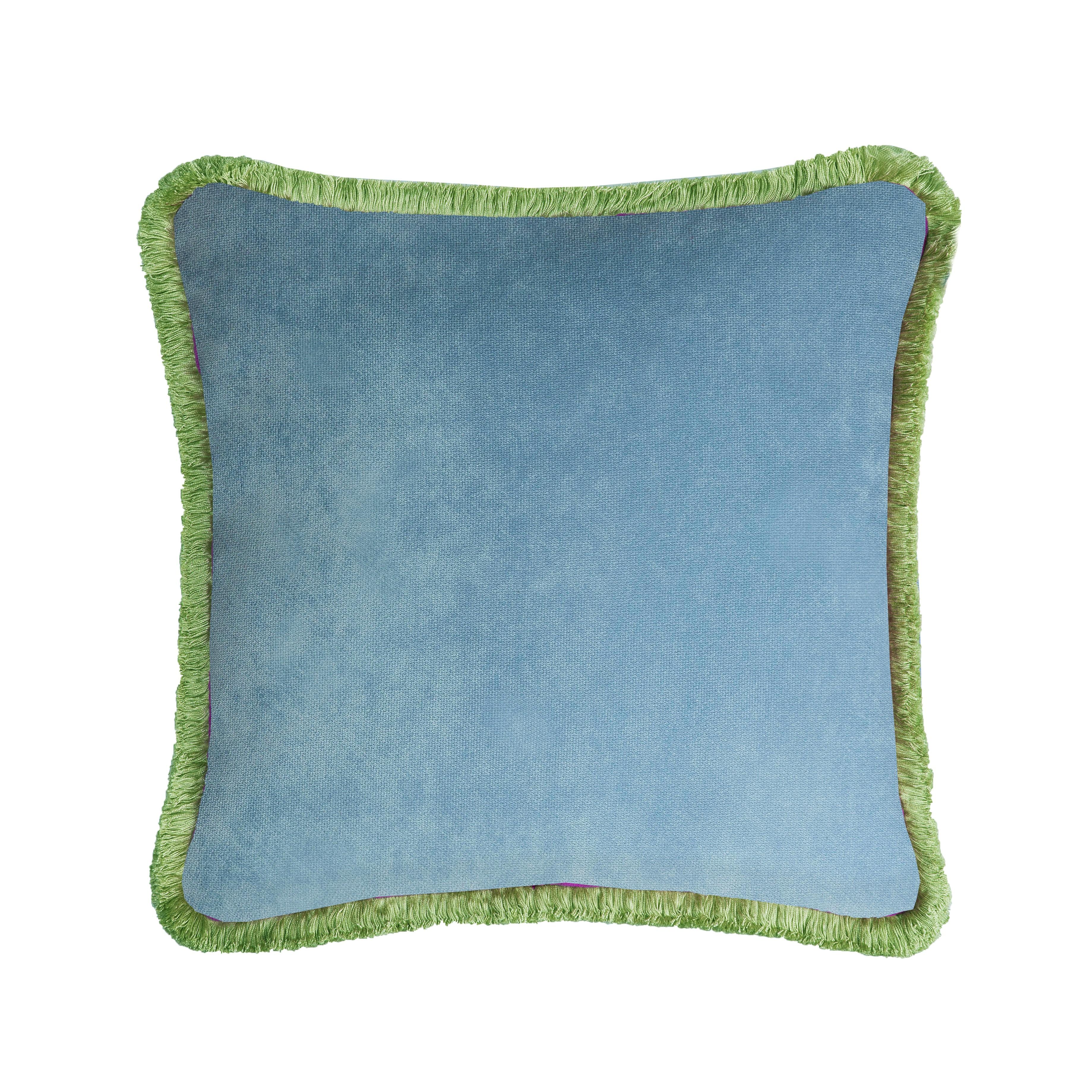 HAPPY PILLOW 40 Samt  Lime mit hellblauen Fransen (Handgefertigt) im Angebot