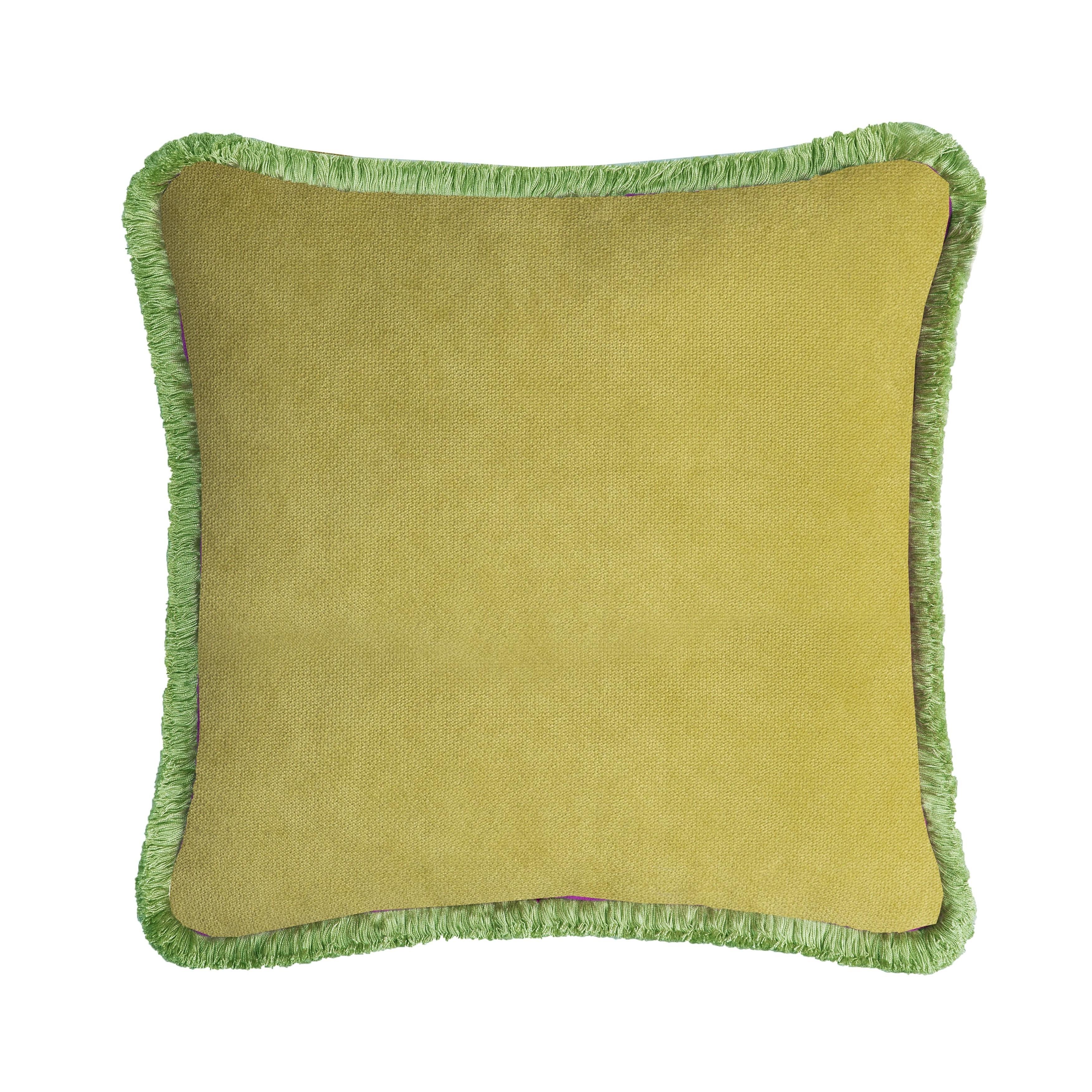 XXI secolo e contemporaneo HAPPY PILLOW 40 Velluto  Lime con frange blu chiaro in vendita