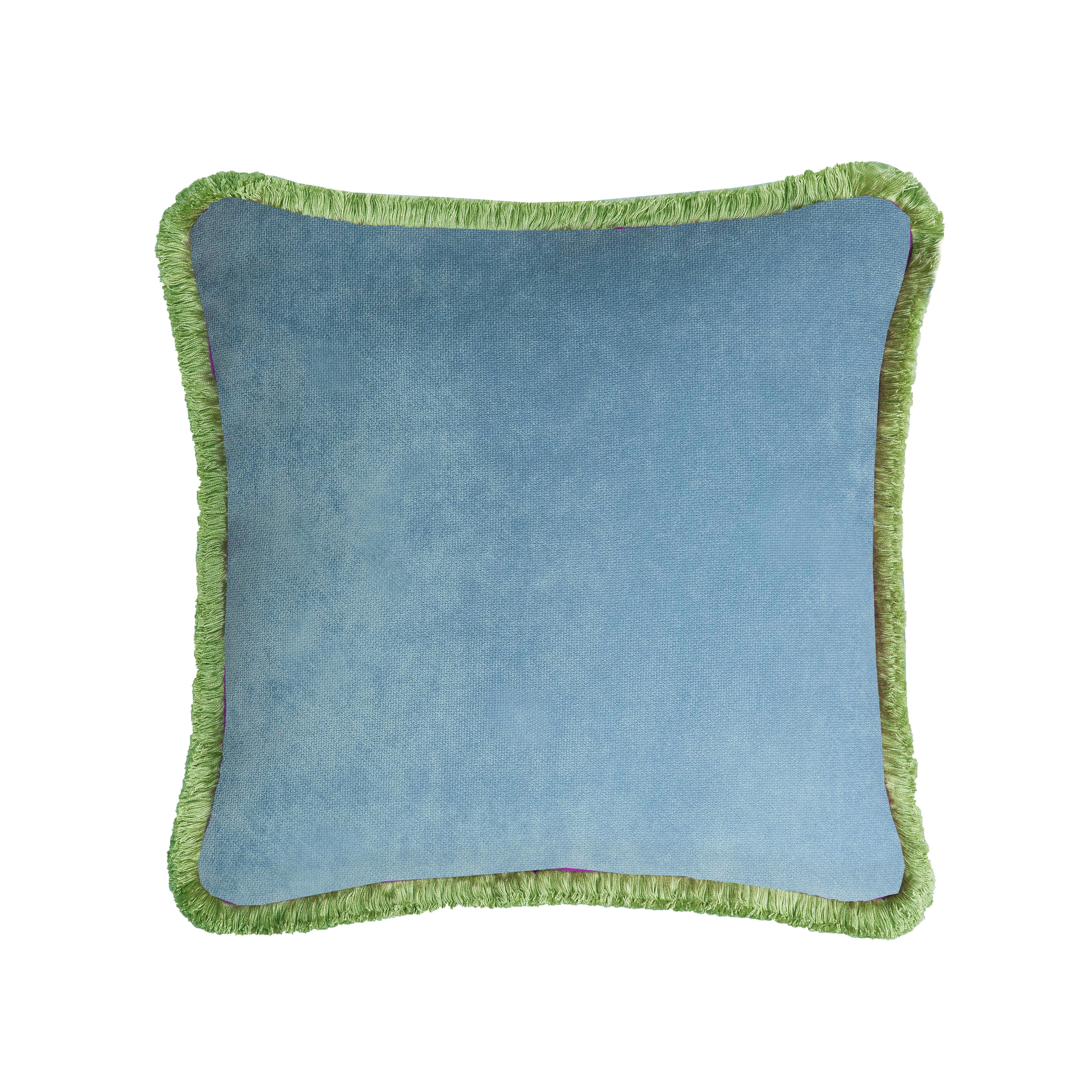 Italian HAPPY PILLOW 40 Velvet Turquoise with Cream Fringes For Sale