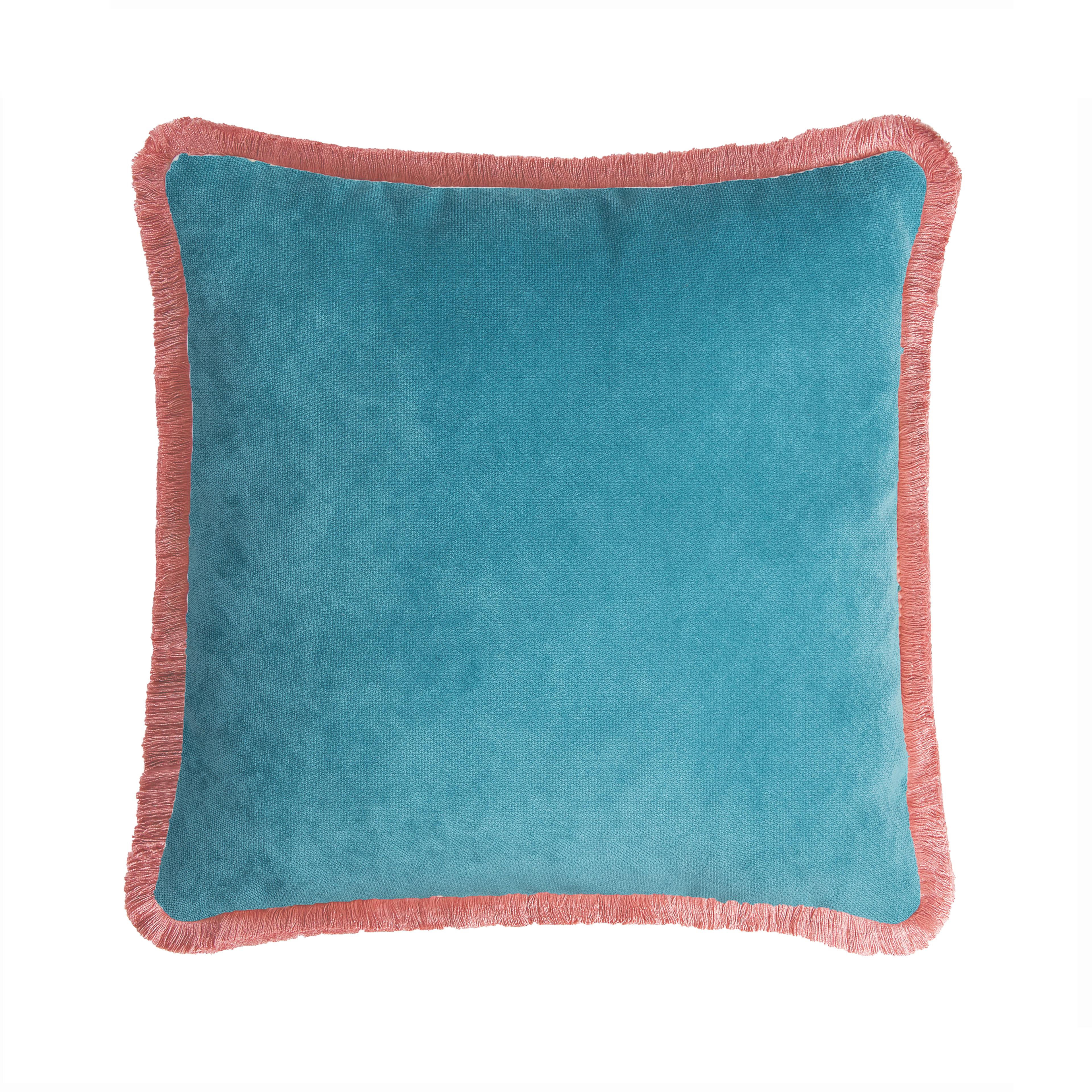 Modern HAPPY PILLOW 40 Velvet Turquoise  with Pink Fringes For Sale