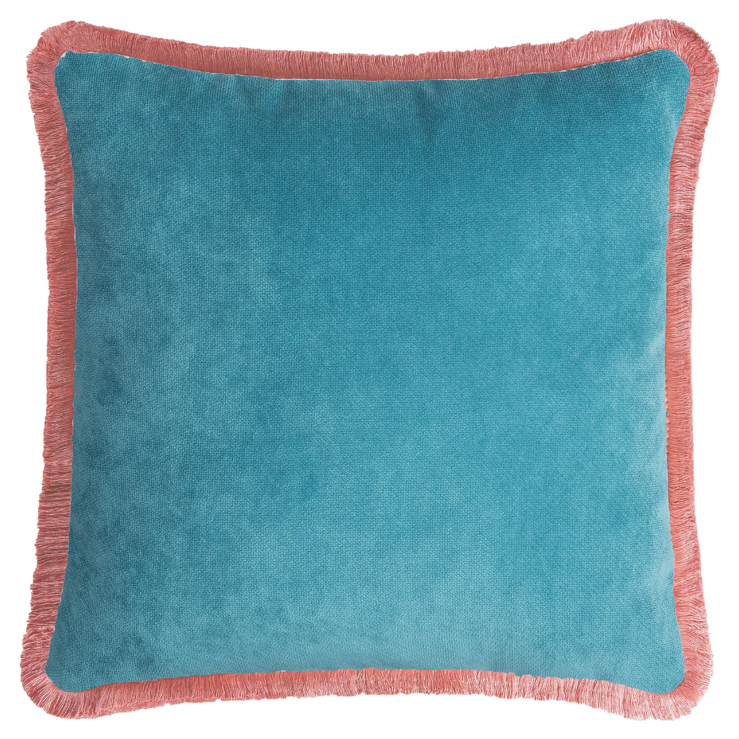 HAPPY PILLOW 40 Velvet Turquoise  with Pink Fringes For Sale