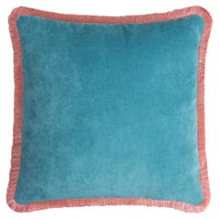 HAPPY PILLOW 40 Velvet Turquoise  with Pink Fringes