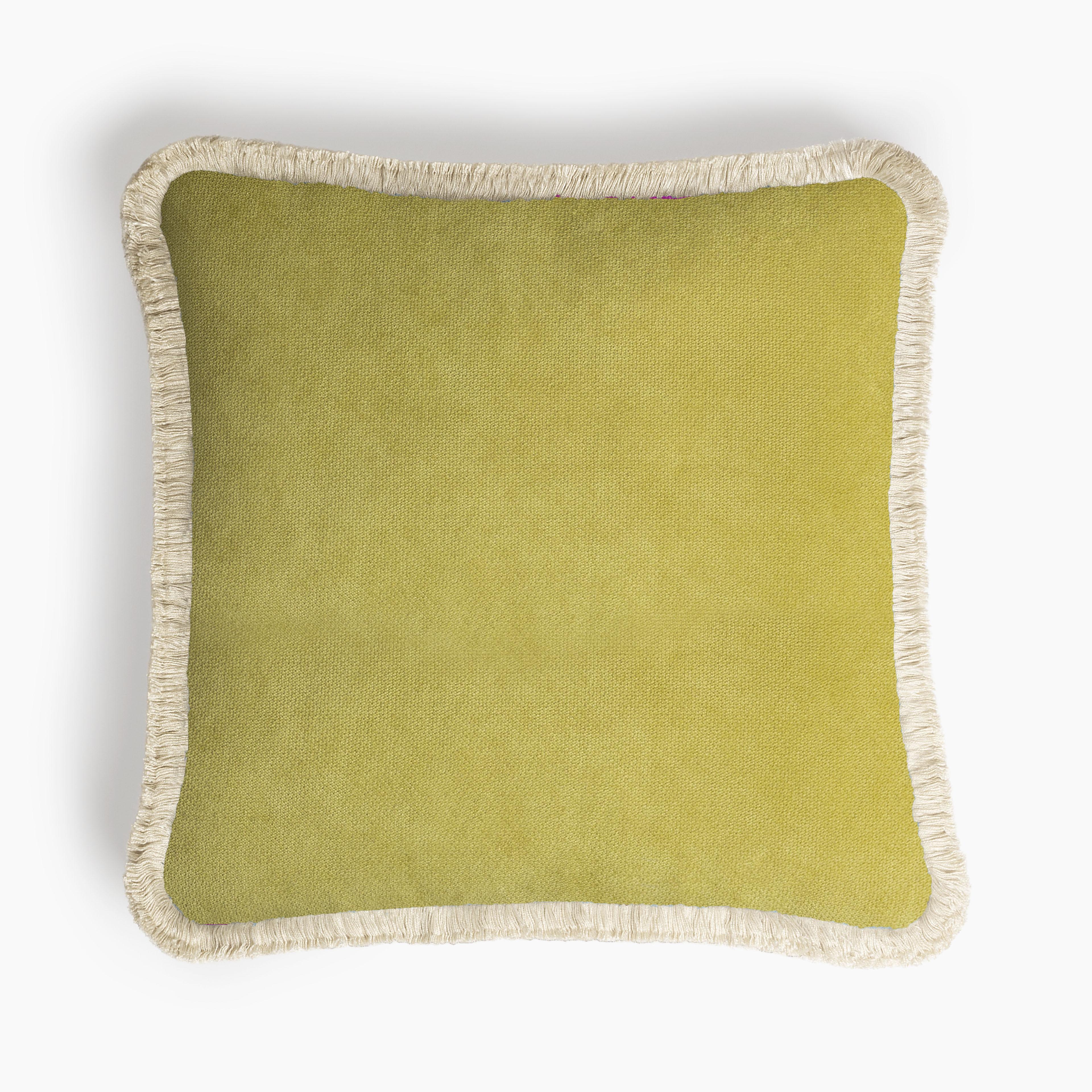 Hand-Crafted HAPPY PILLOW 40 Velvet Yellow with Cream Fringes For Sale