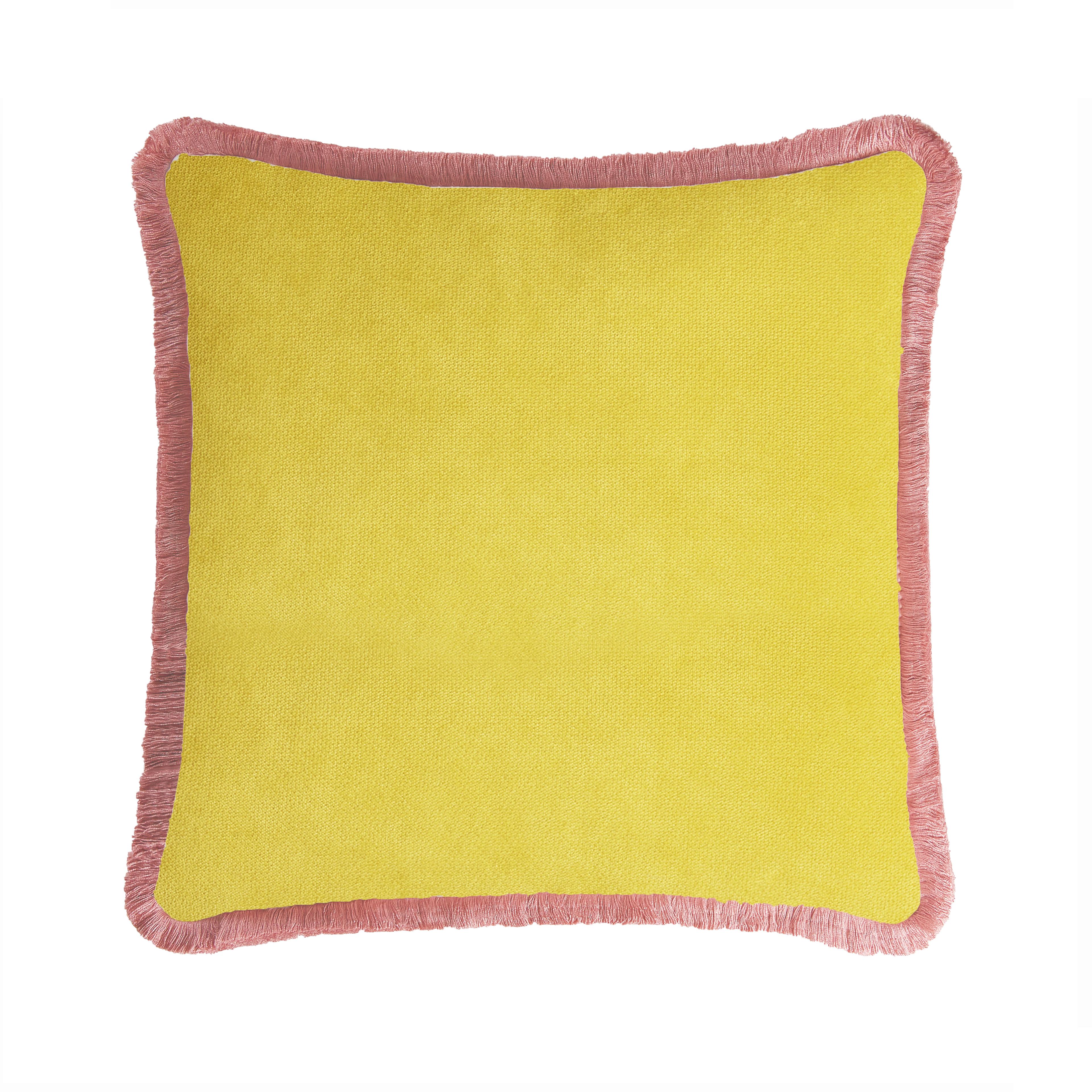 HAPPY PILLOW 40 Velvet Yellow with Cream Fringes In New Condition For Sale In Carimate, Lombardia