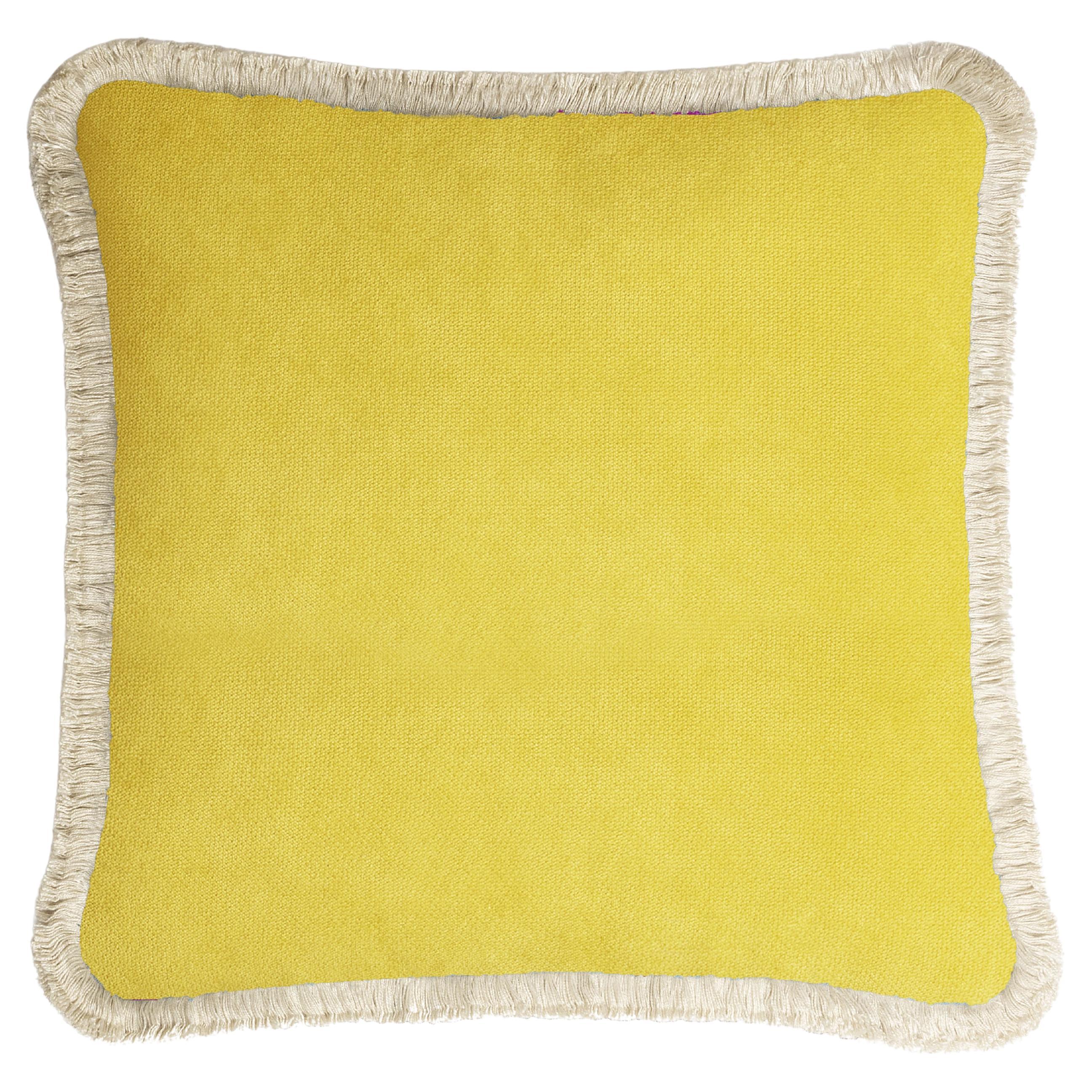 HAPPY PILLOW 40 Velvet Yellow with Cream Fringes For Sale