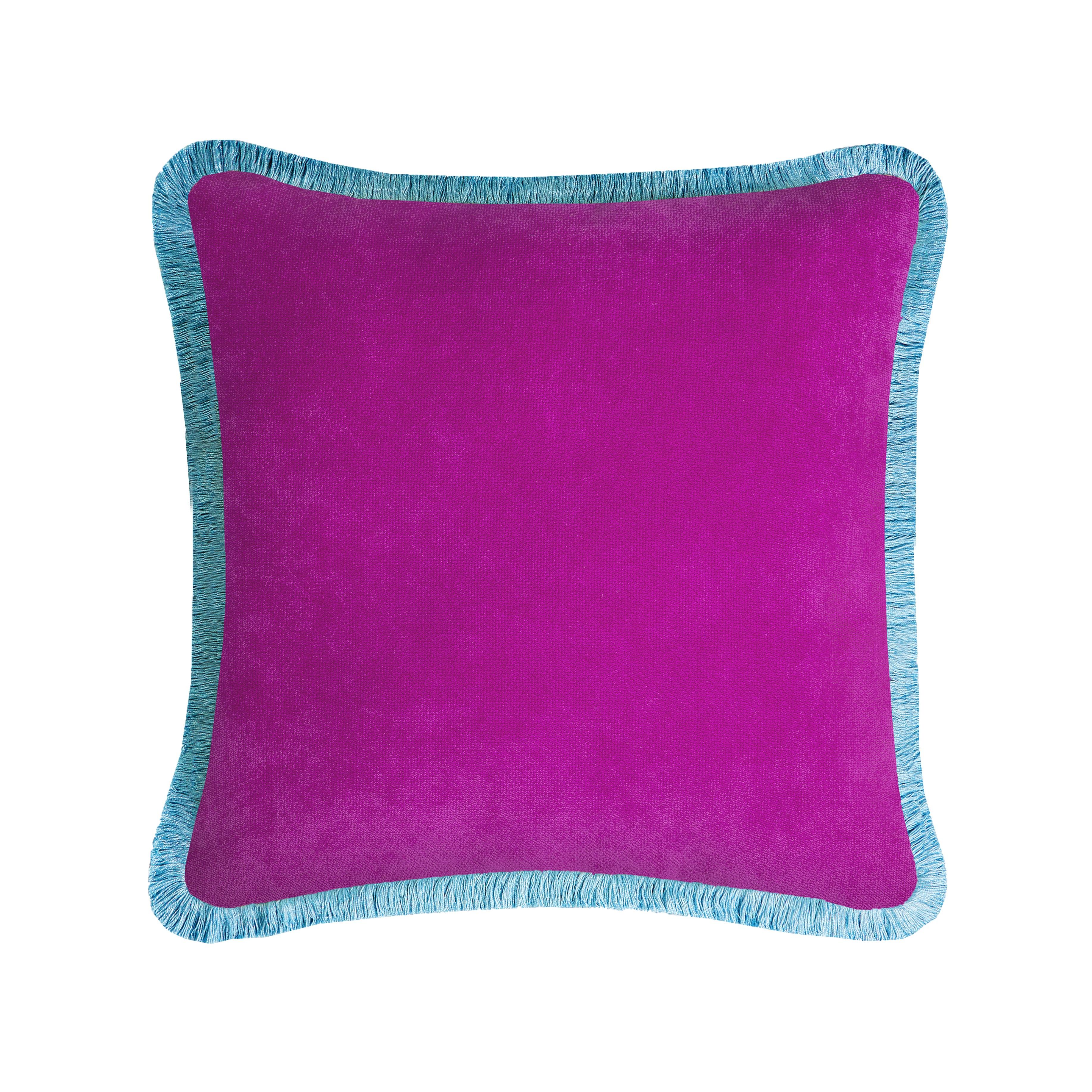 Moderno HAPPY PILLOW 40 Velluto Giallo con Frange Rosa in vendita