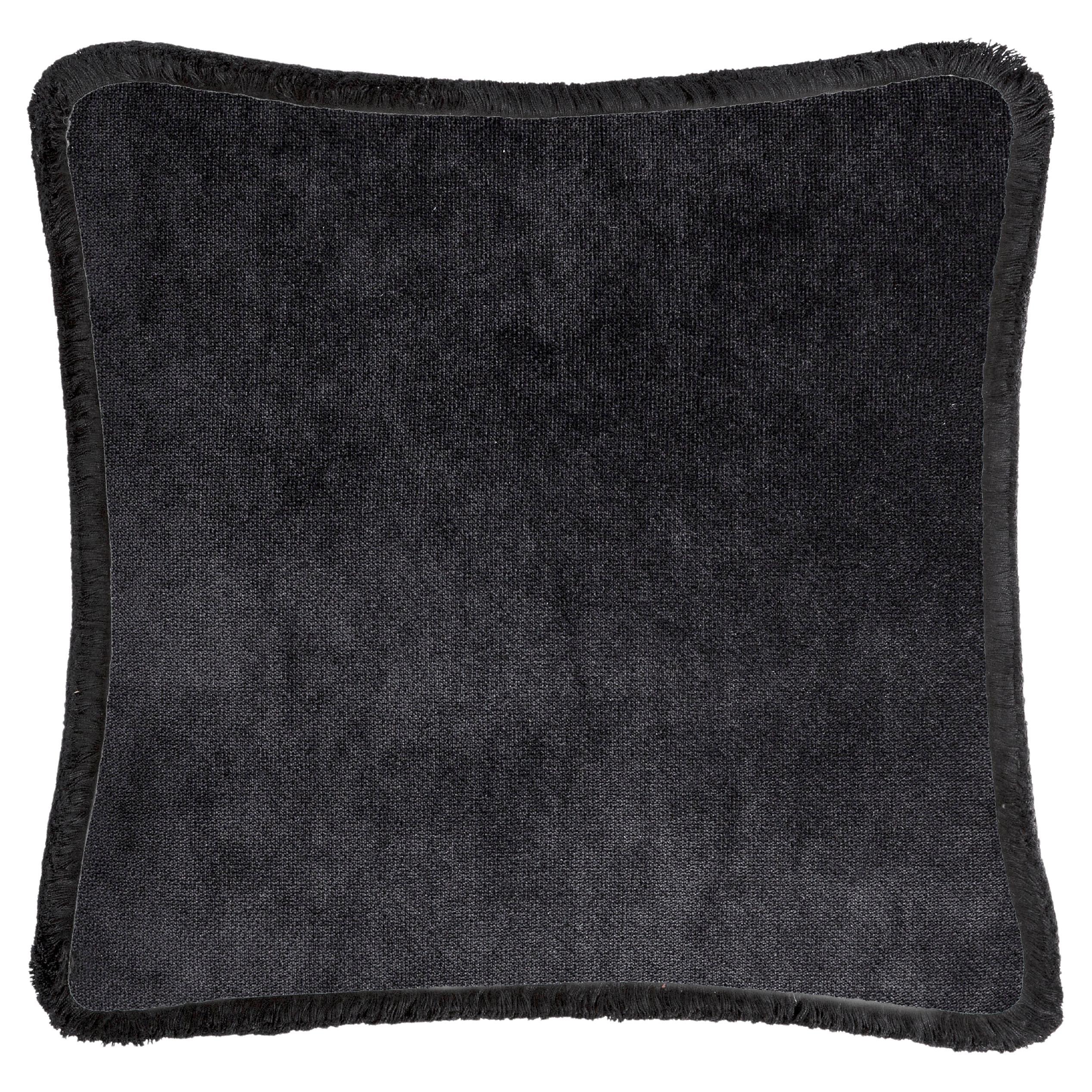 Happy Pillow Black Velvet with Black Fringes For Sale