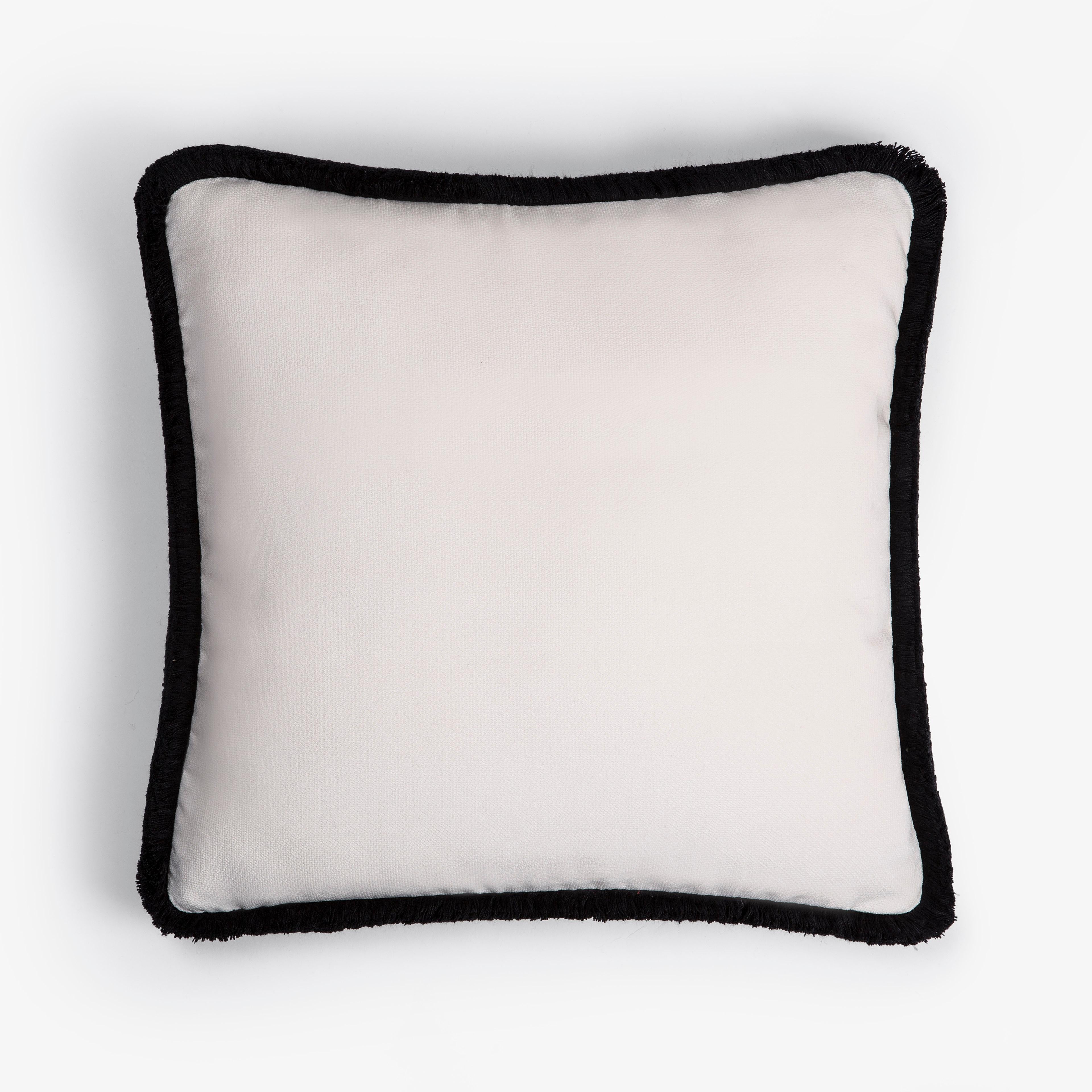 Modern Happy Pillow Black Velvet with White Fringes For Sale