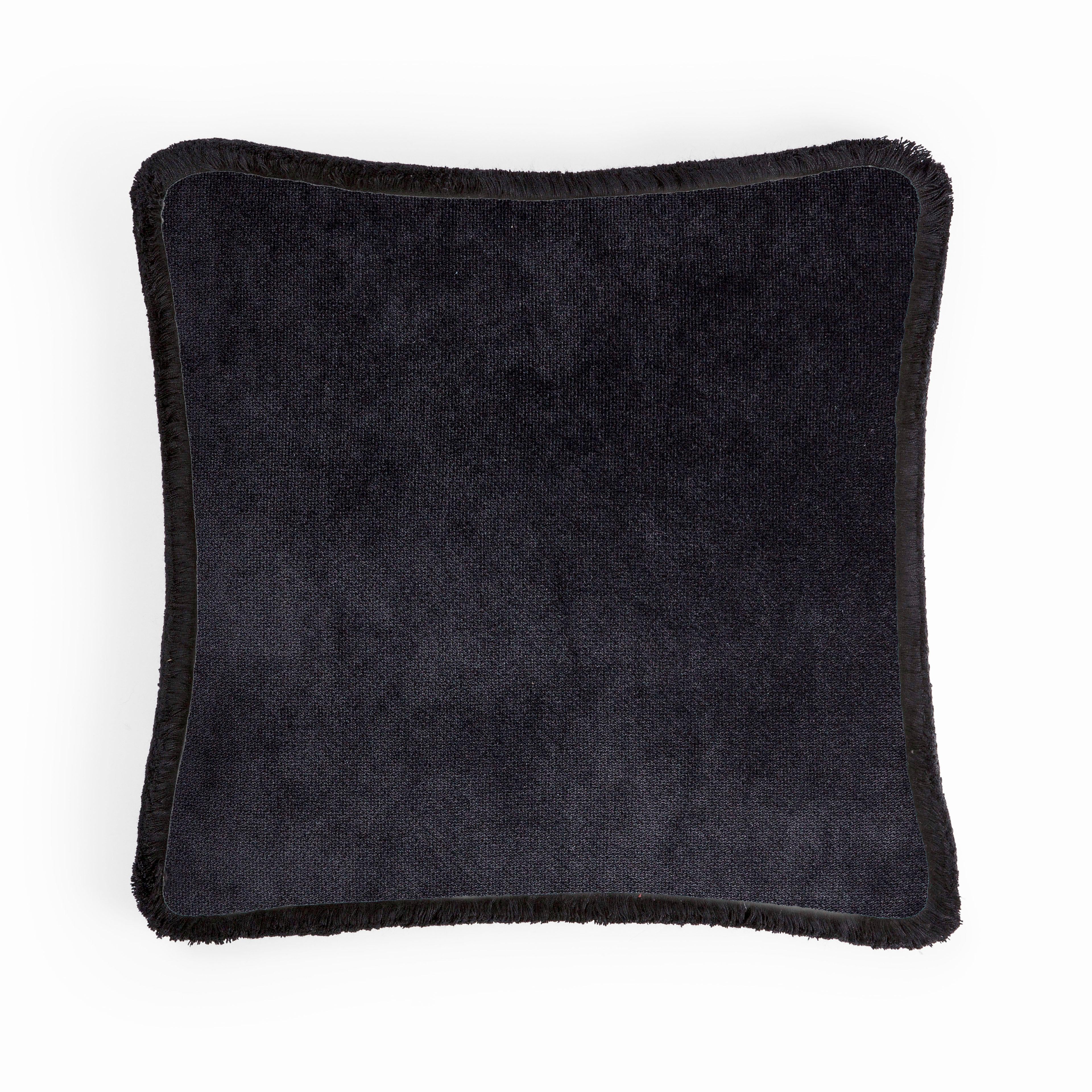 Hand-Crafted Happy Pillow Black Velvet with White Fringes For Sale