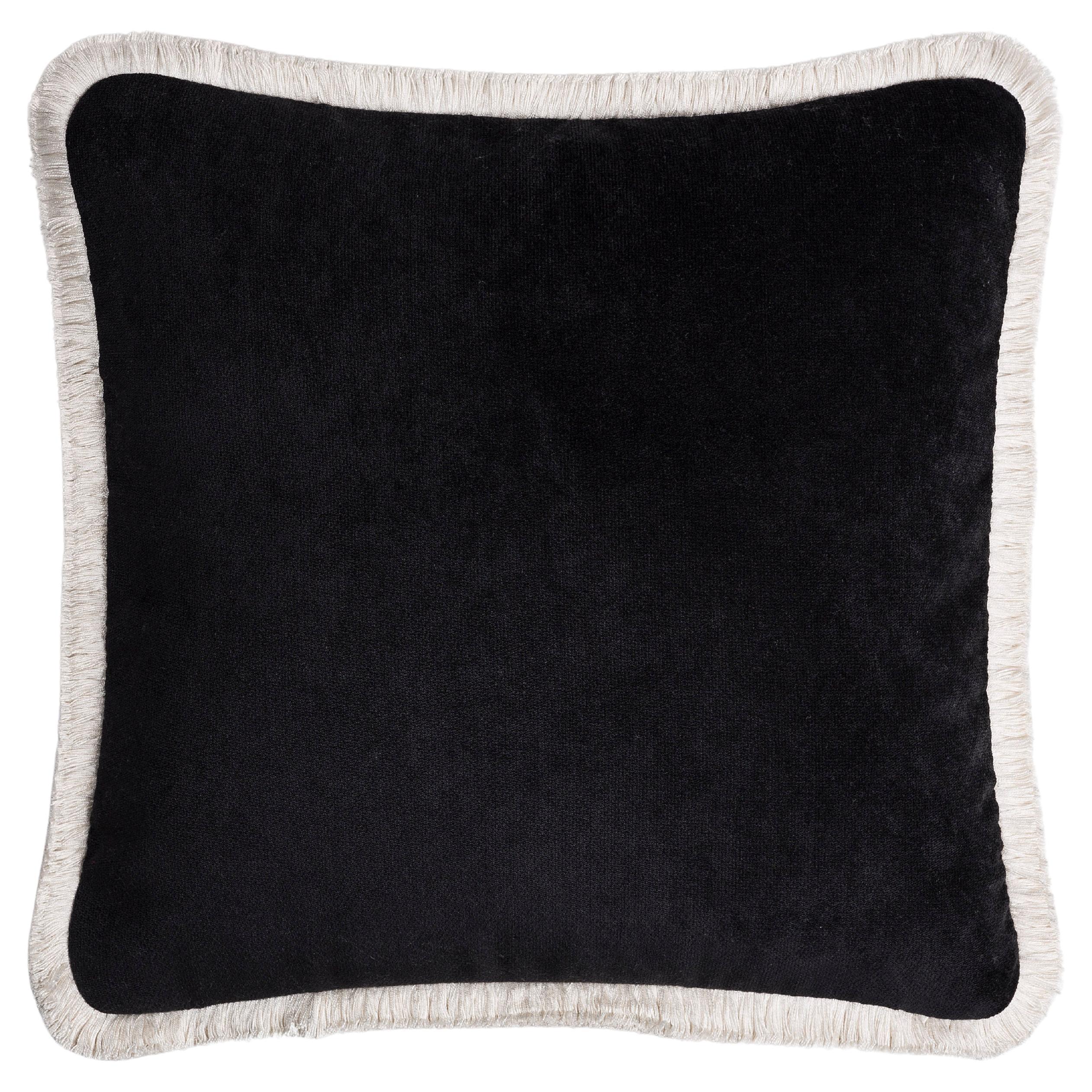 Coussin Happy en velours noir avec franges blanches