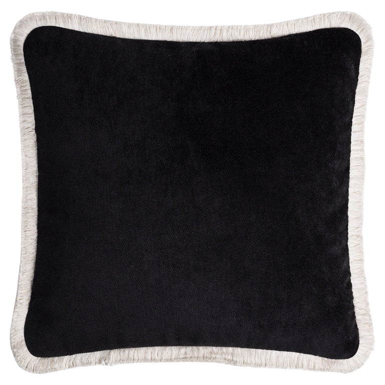 Happy Pillow Black Velvet with White Fringes For Sale at 1stDibs