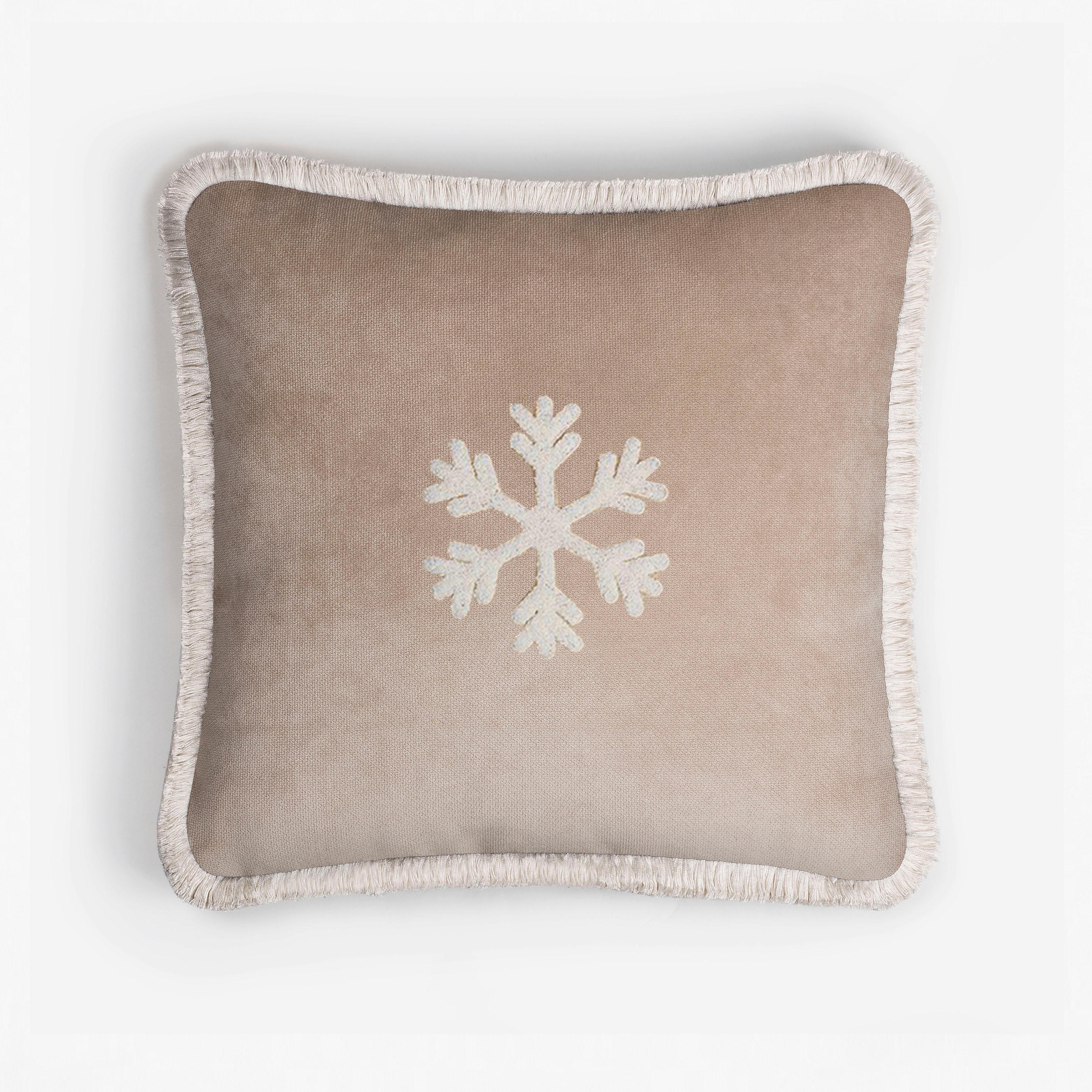 Modern Happy Pillow Elk Velvet Beige With Brown Fringes For Sale