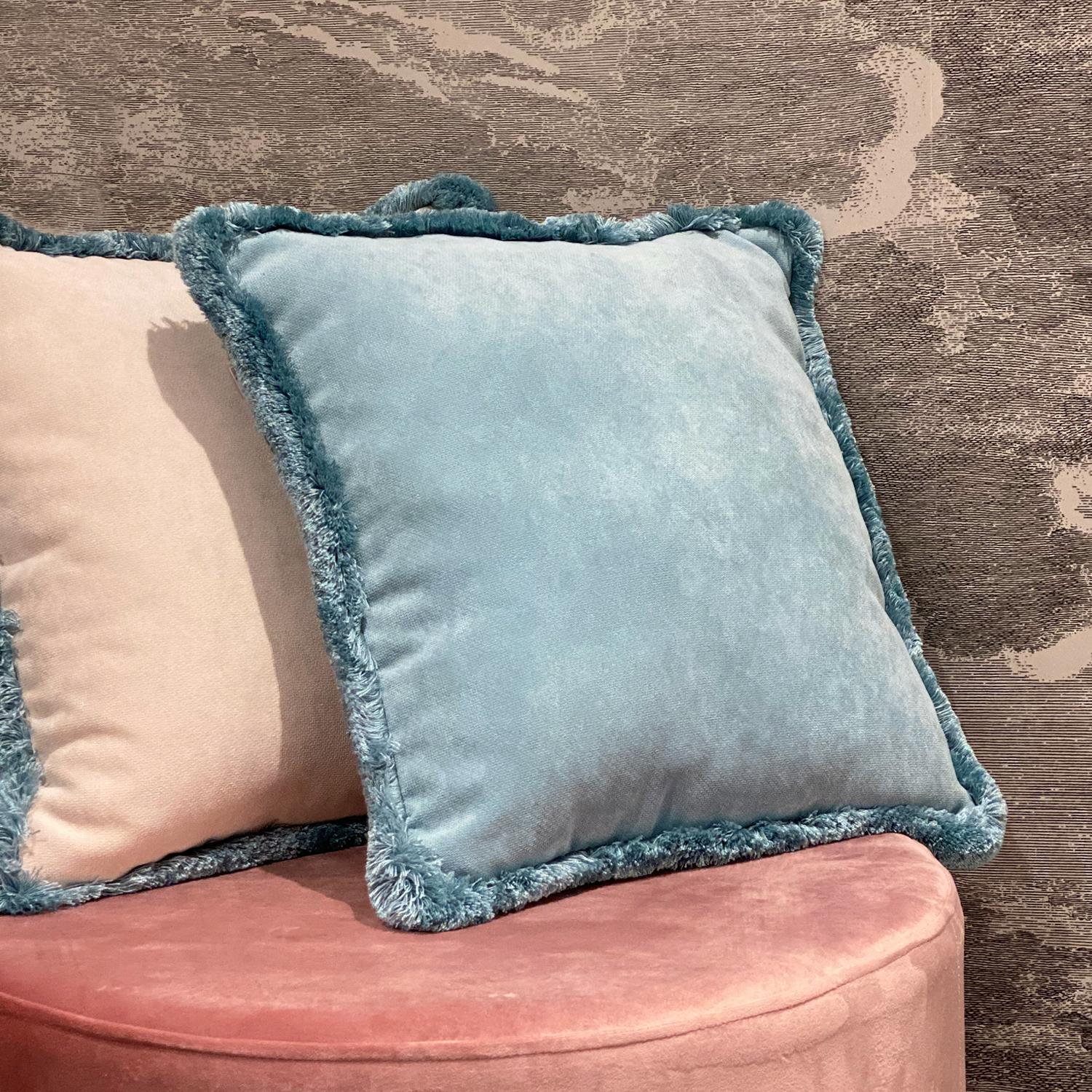 Hand-Crafted Happy Pillow Light Blue Velvet with Light Blue Fringes For Sale