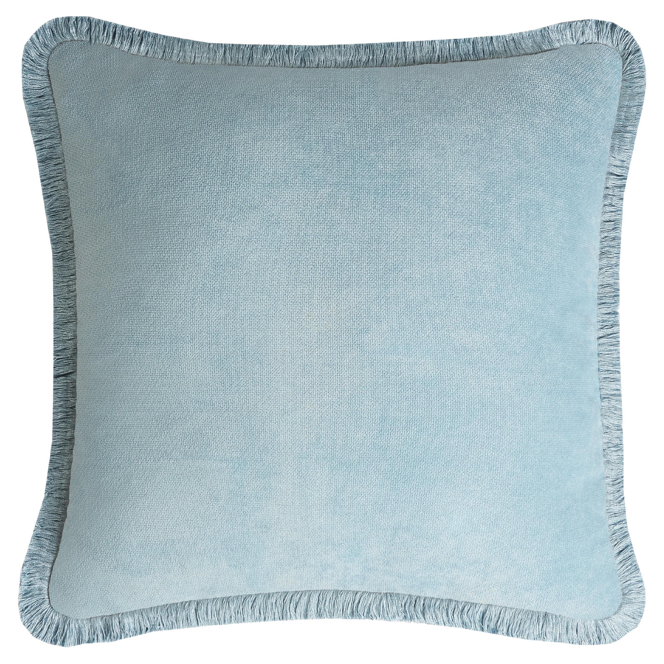 Happy Pillow Light Blue Velvet with Light Blue Fringes For Sale
