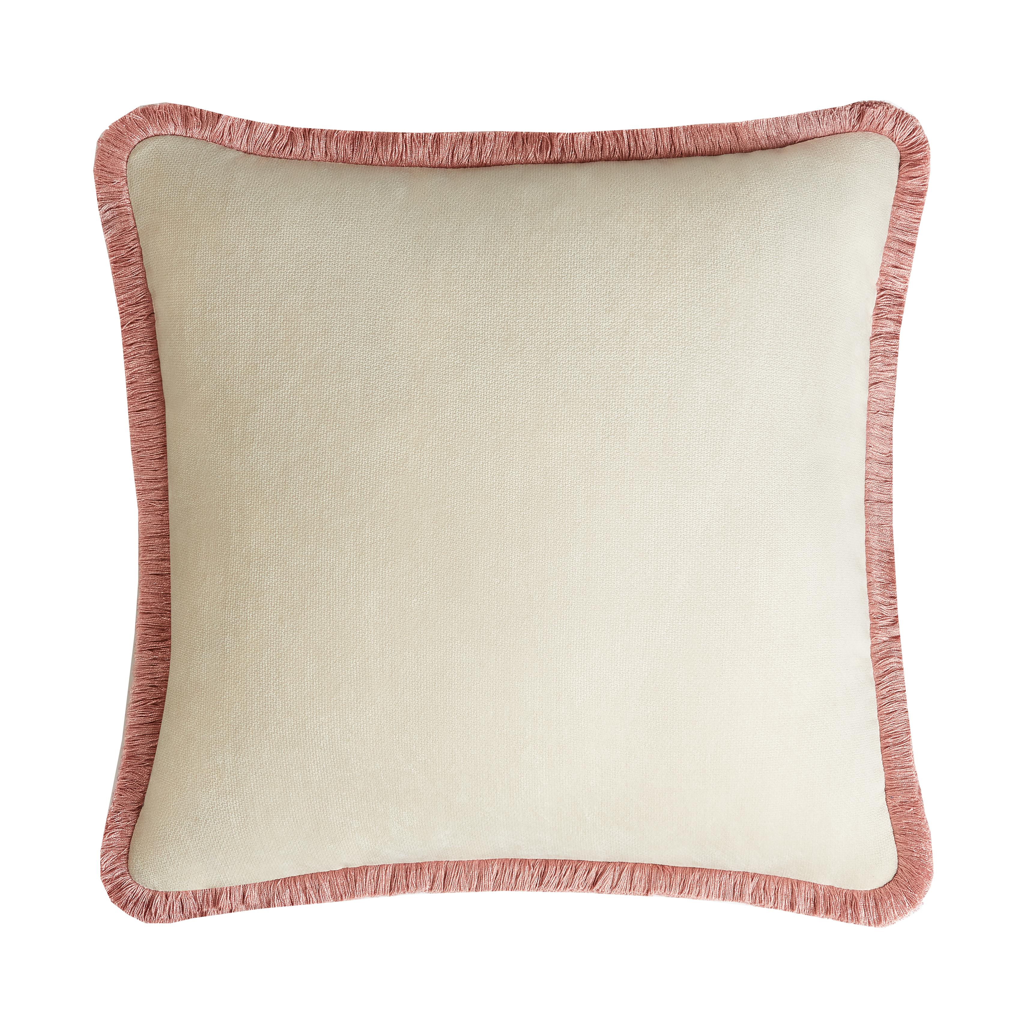 This exquisite square cushion will suit any decor with its neutral tones and refined allure. Padded with polyester fiber, the velvet removable cover boasts an elegant light pink color accented with a border of light pink trimming, resulting in an