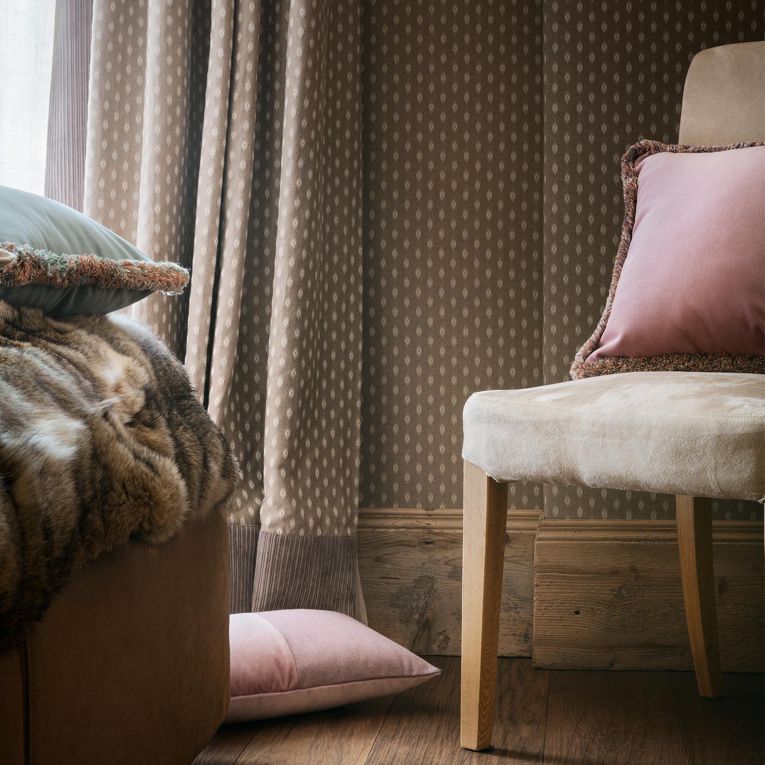 Hand-Crafted Happy Pillow Light Pink Velvet with Light Pink Fringes For Sale