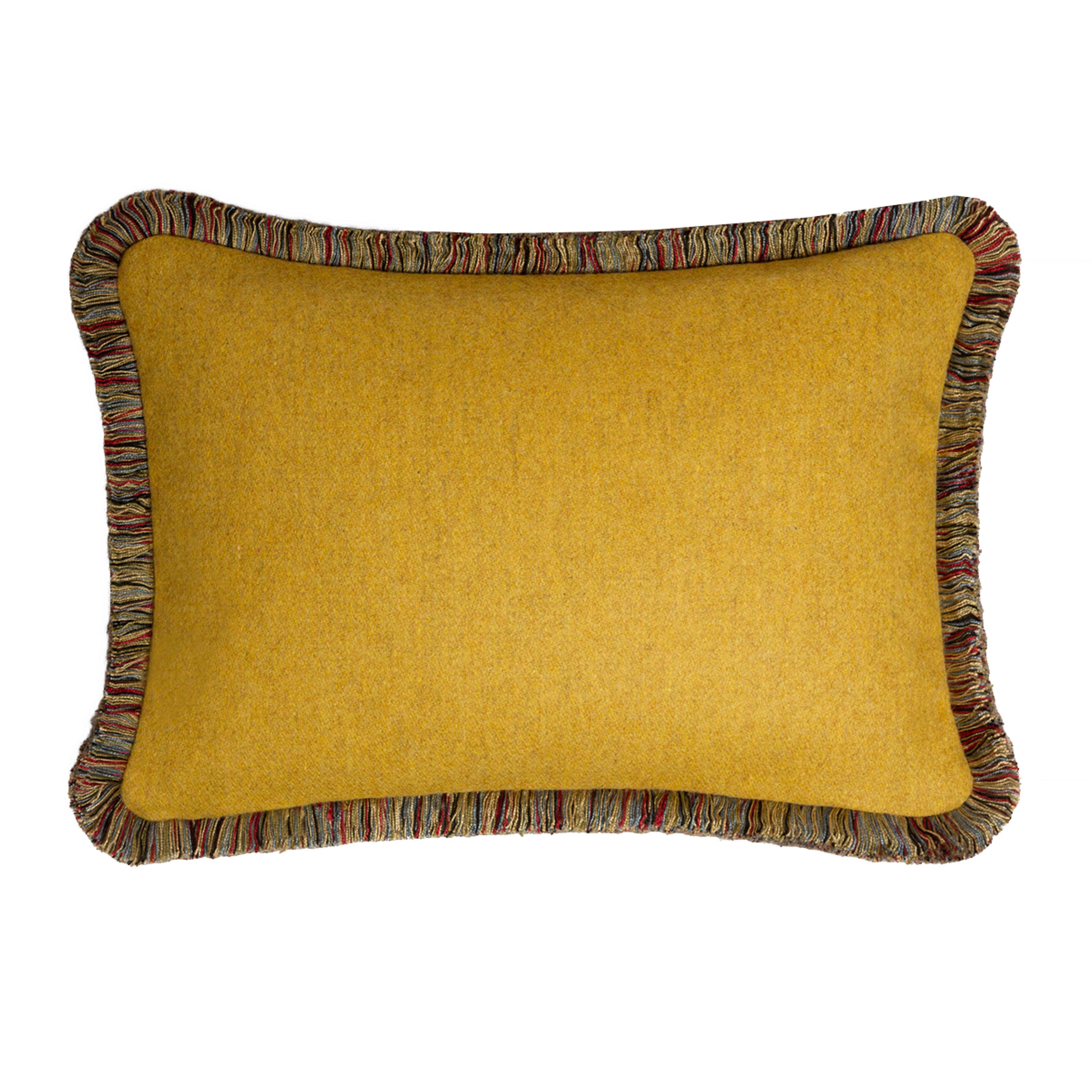Contemporary Happy Pillow MONGOLIA Wool Cushion Green With Multicolor Fringes For Sale