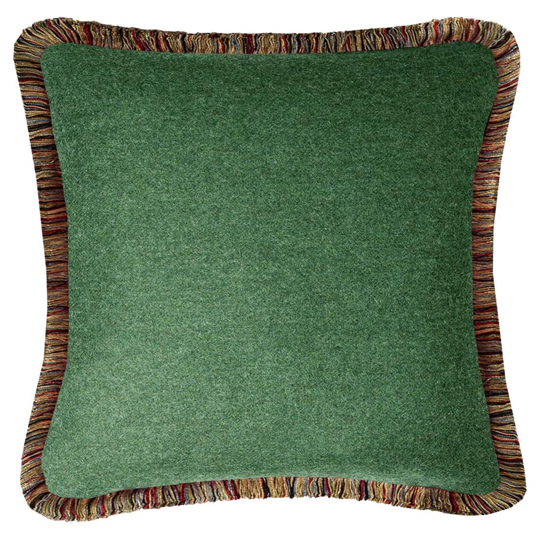 Happy Pillow MONGOLIA Wool Cushion Green With Multicolor Fringes For Sale