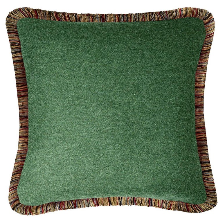 Happy Pillow MONGOLIA Wool Cushion Green With Multicolor Fringes For